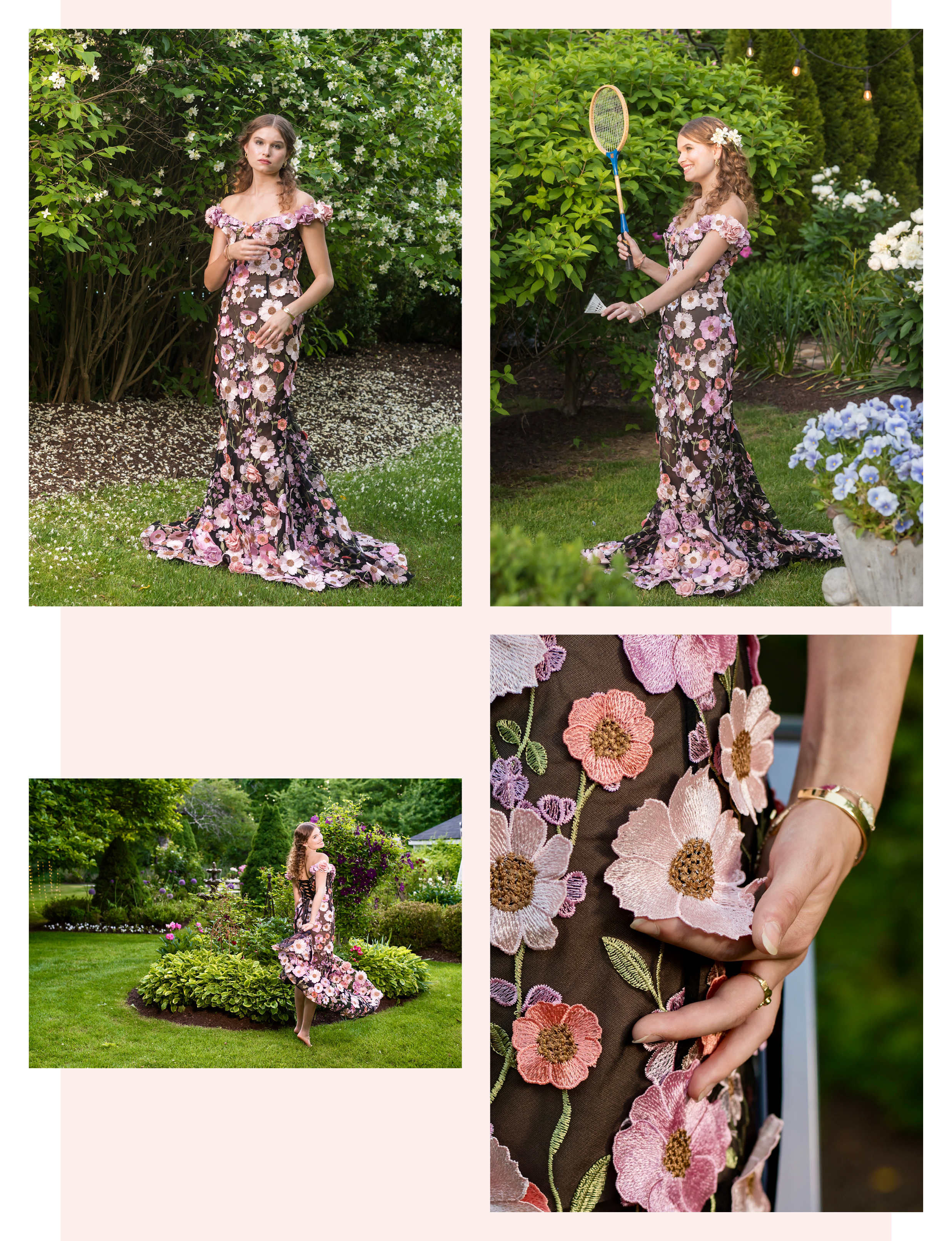 model Samantha Lee posing in garden in summer