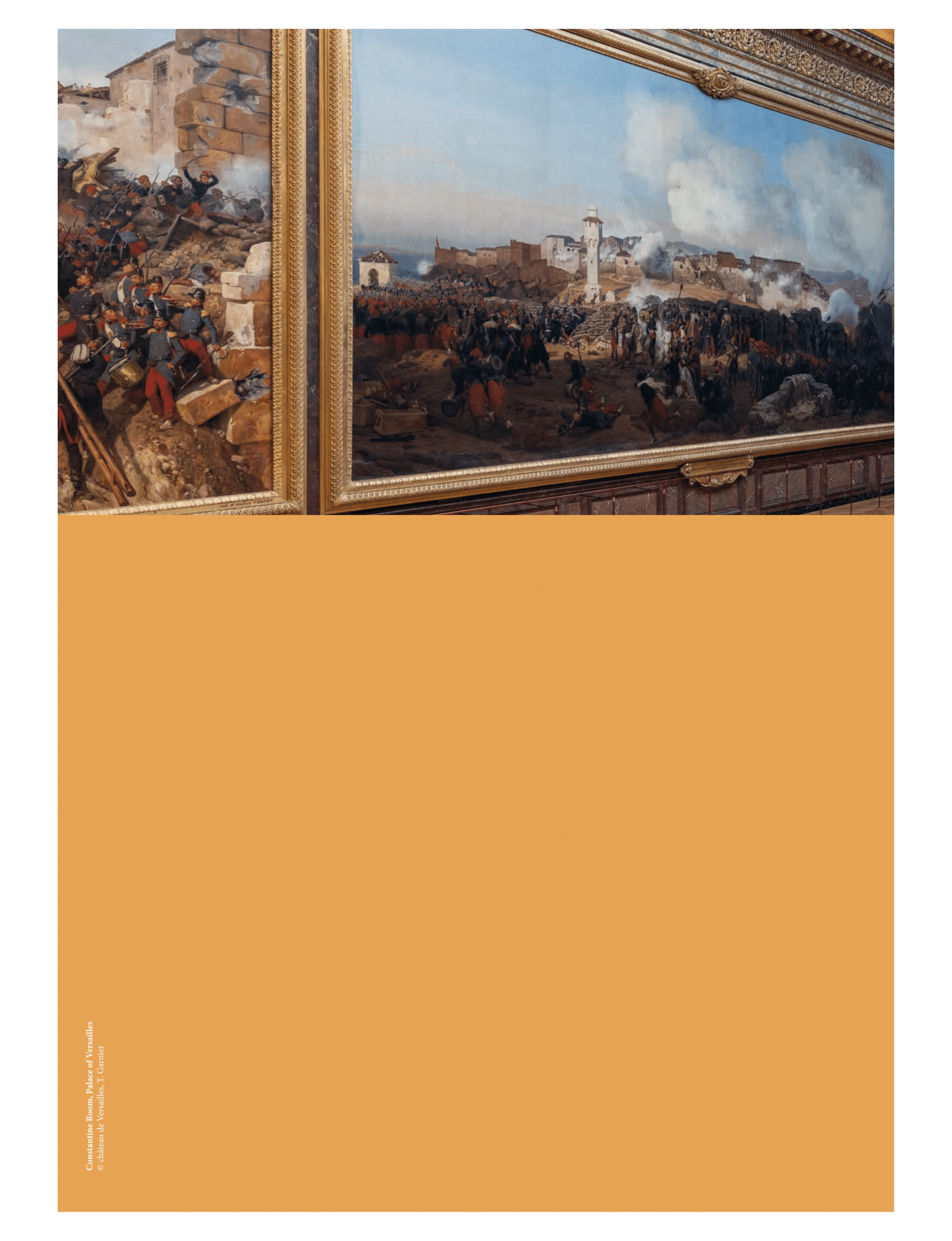 The image displays The Siege of Constantine (part of a monumental triptych painted by Horace Vernet in 1838) on display in the Constantine Room at the Palace of Versailles