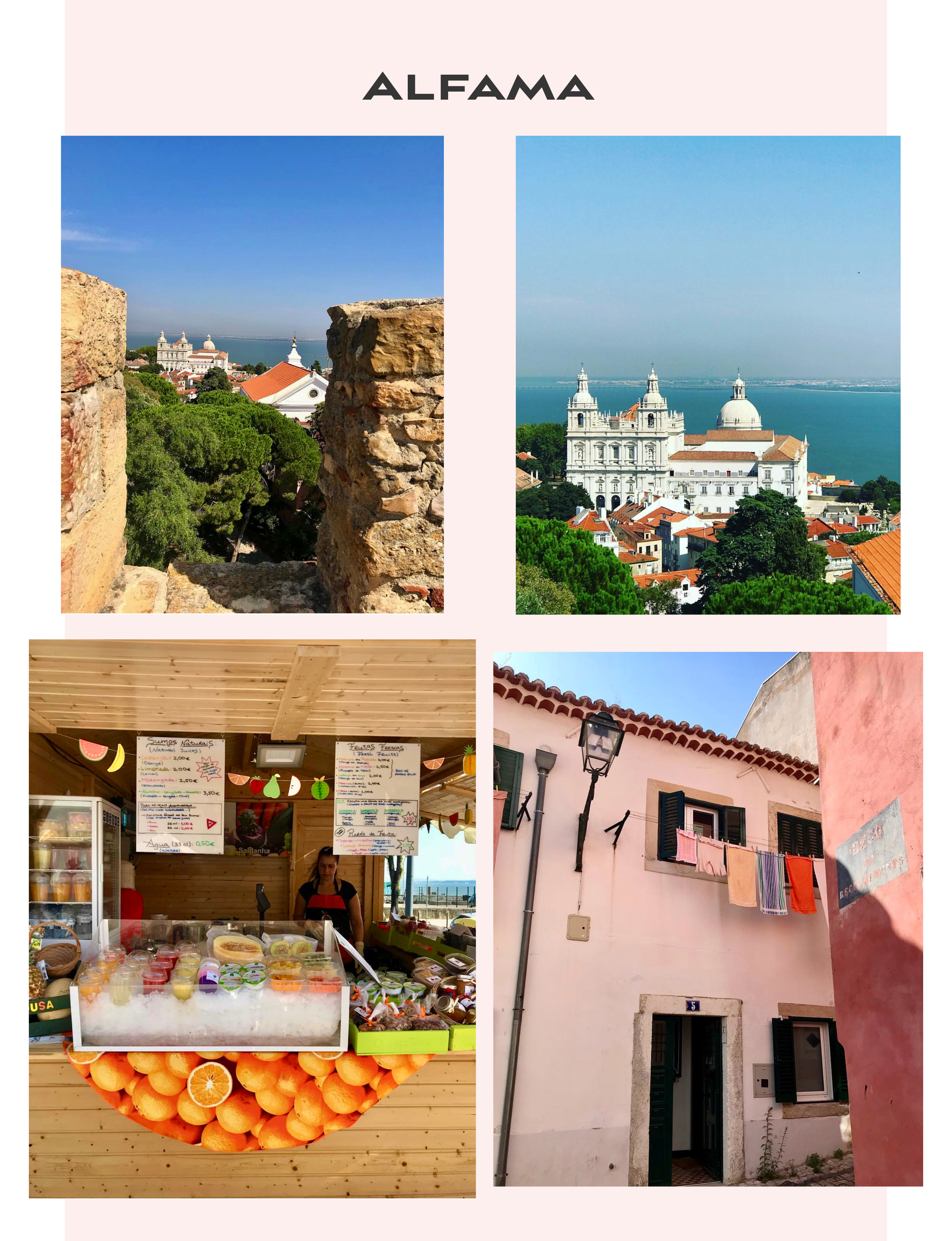 Sao Jorge Castle, Igreja de Sao Vicente de Fora, a colorful residential alleyway, and fresh juice and fruit stand in Alfama district of Lisbon Portugal