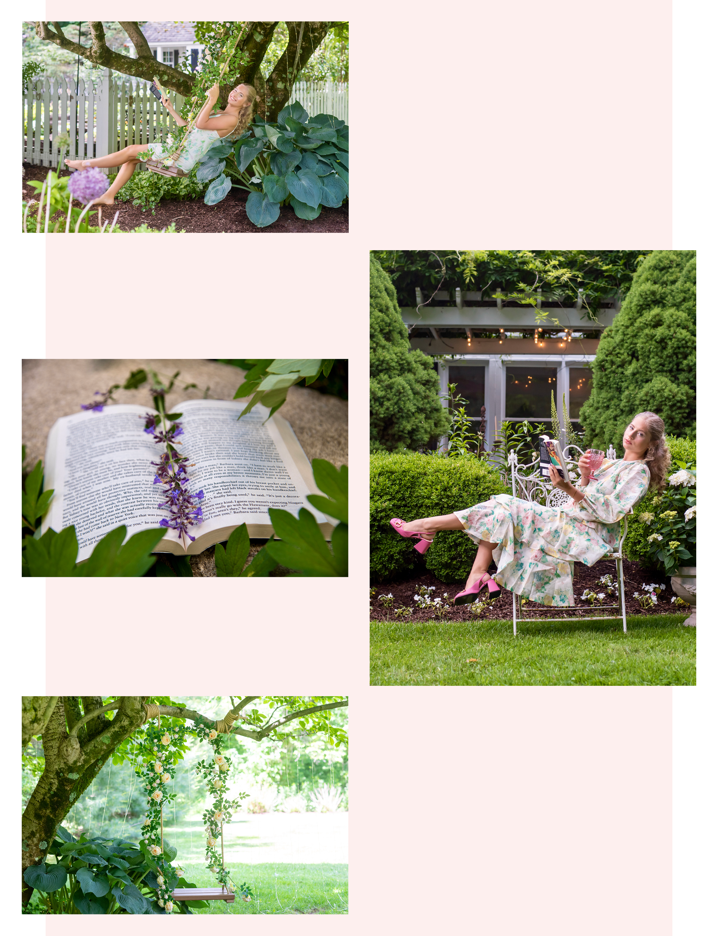 model Caroline Lee posing in garden in summer