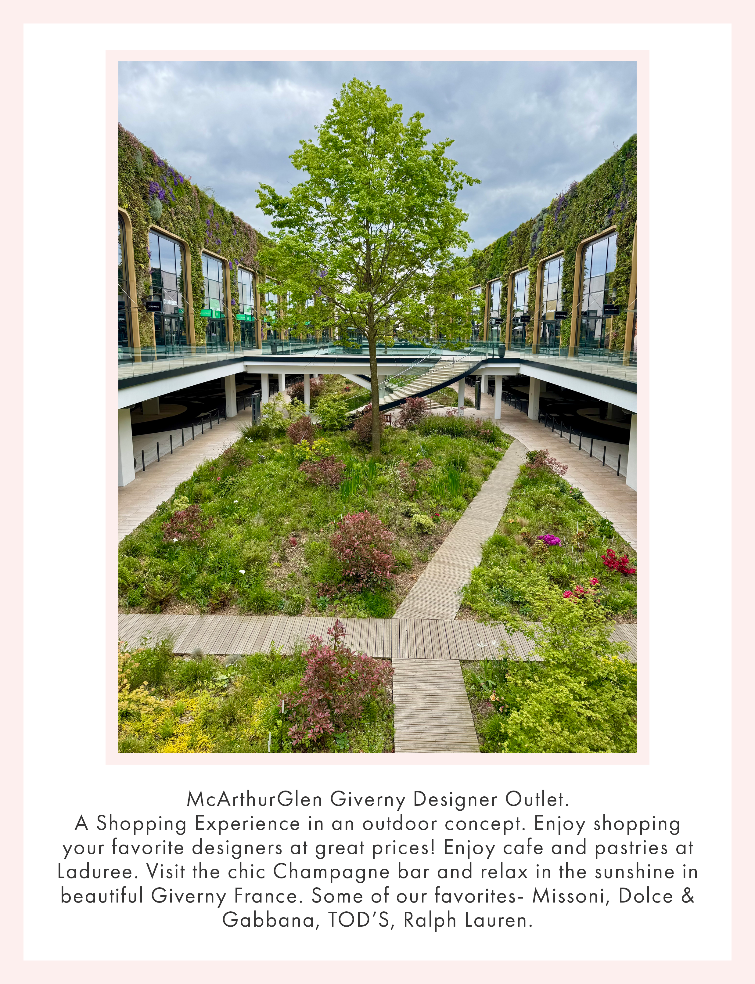 an open-air view of the McArthurGlen Paris-Giverny designer outlet located in Douains, France, featuring landscaped gardens, modern storefronts, and architectural green facades