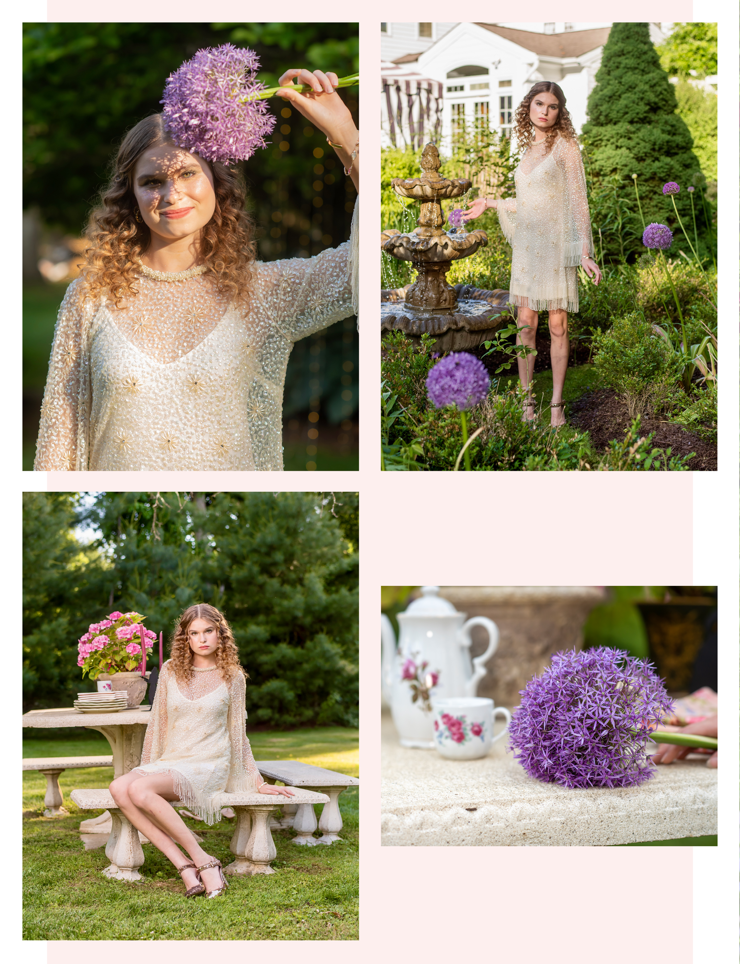 model Samantha Lee posing in garden in summer