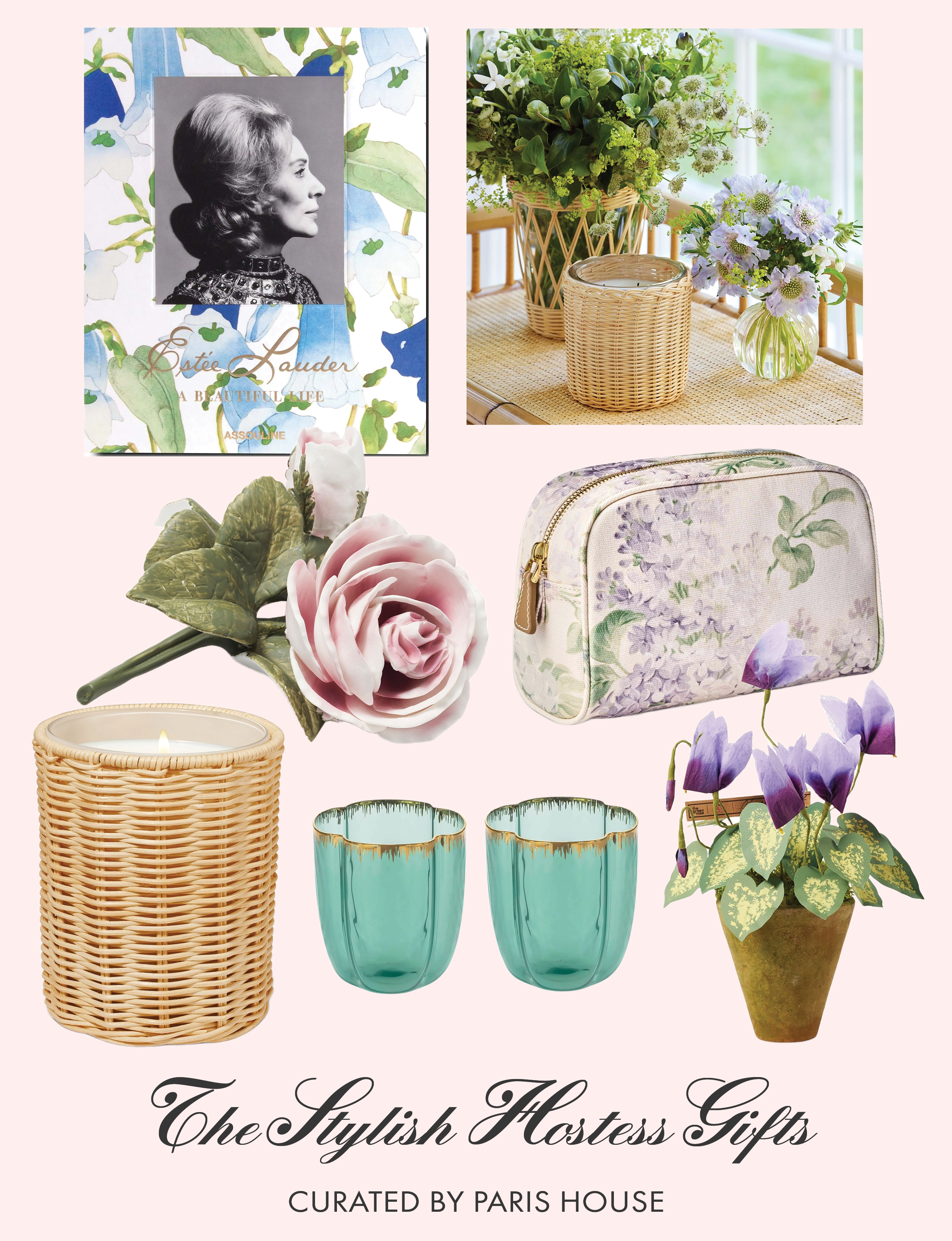 gifts to give a stylish hostess include Este Lauder's biography, flowers, candles, stylish glassware, bags, and more