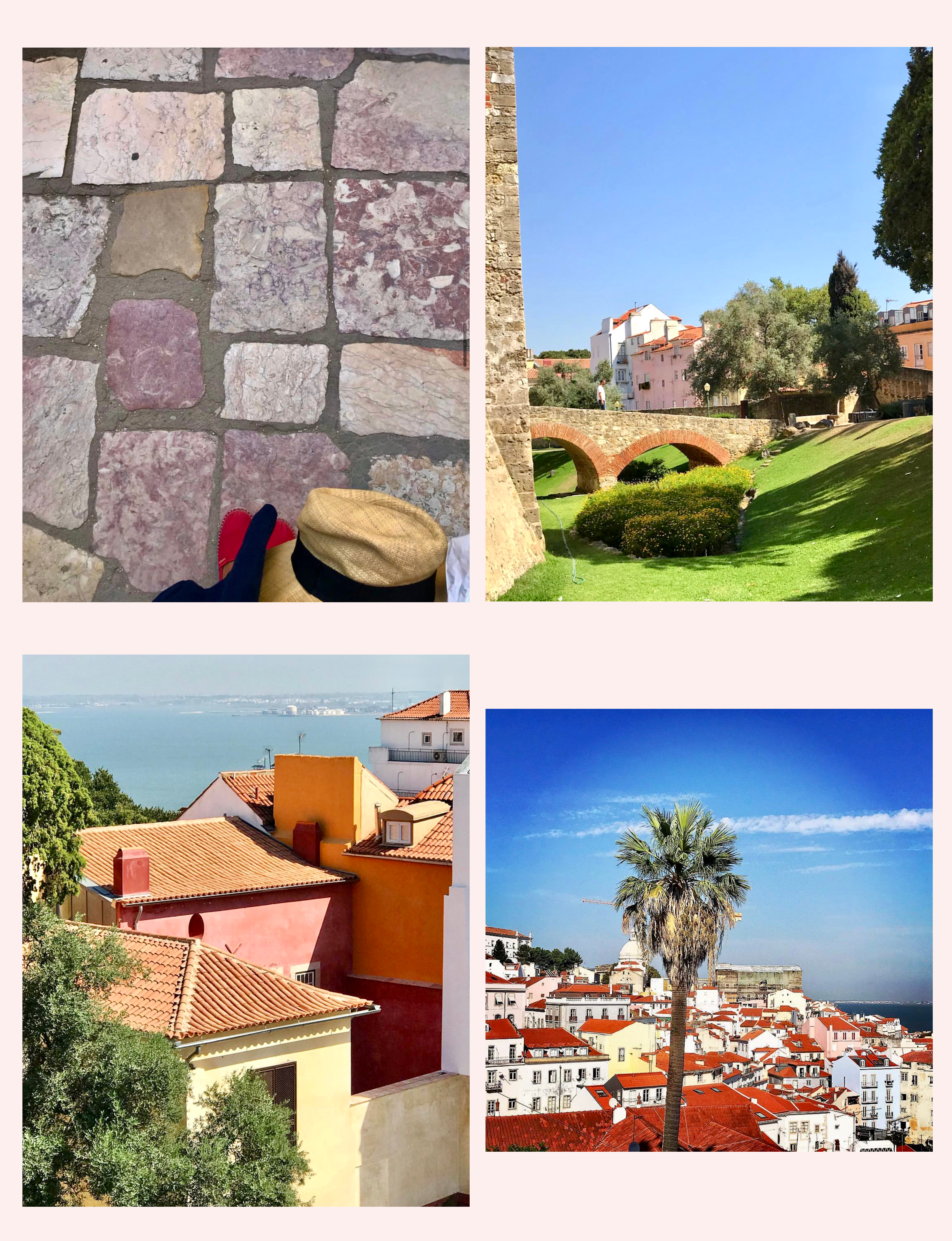 Lisbon Portugal collage red tiled roofs, the Tagus River, and Sao Jorge Castle