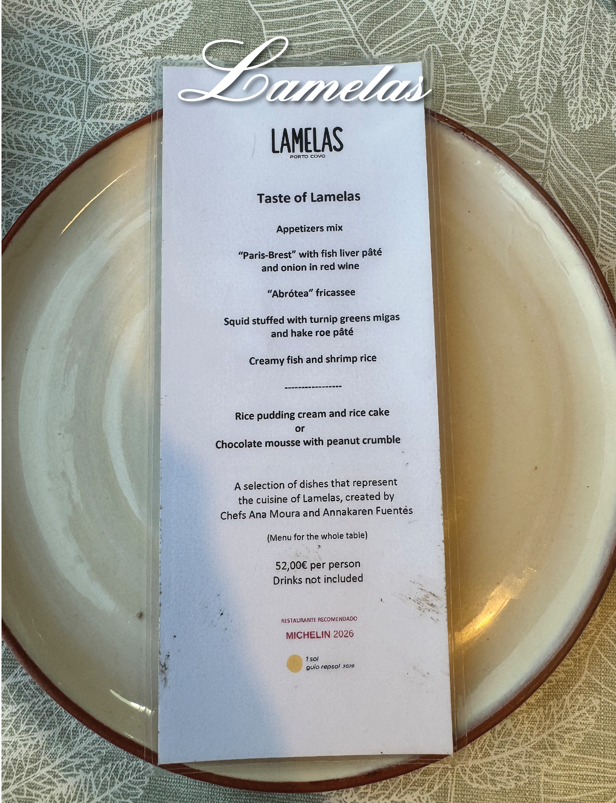 Lamelas Restaurant menu in Porto Covo Portugal