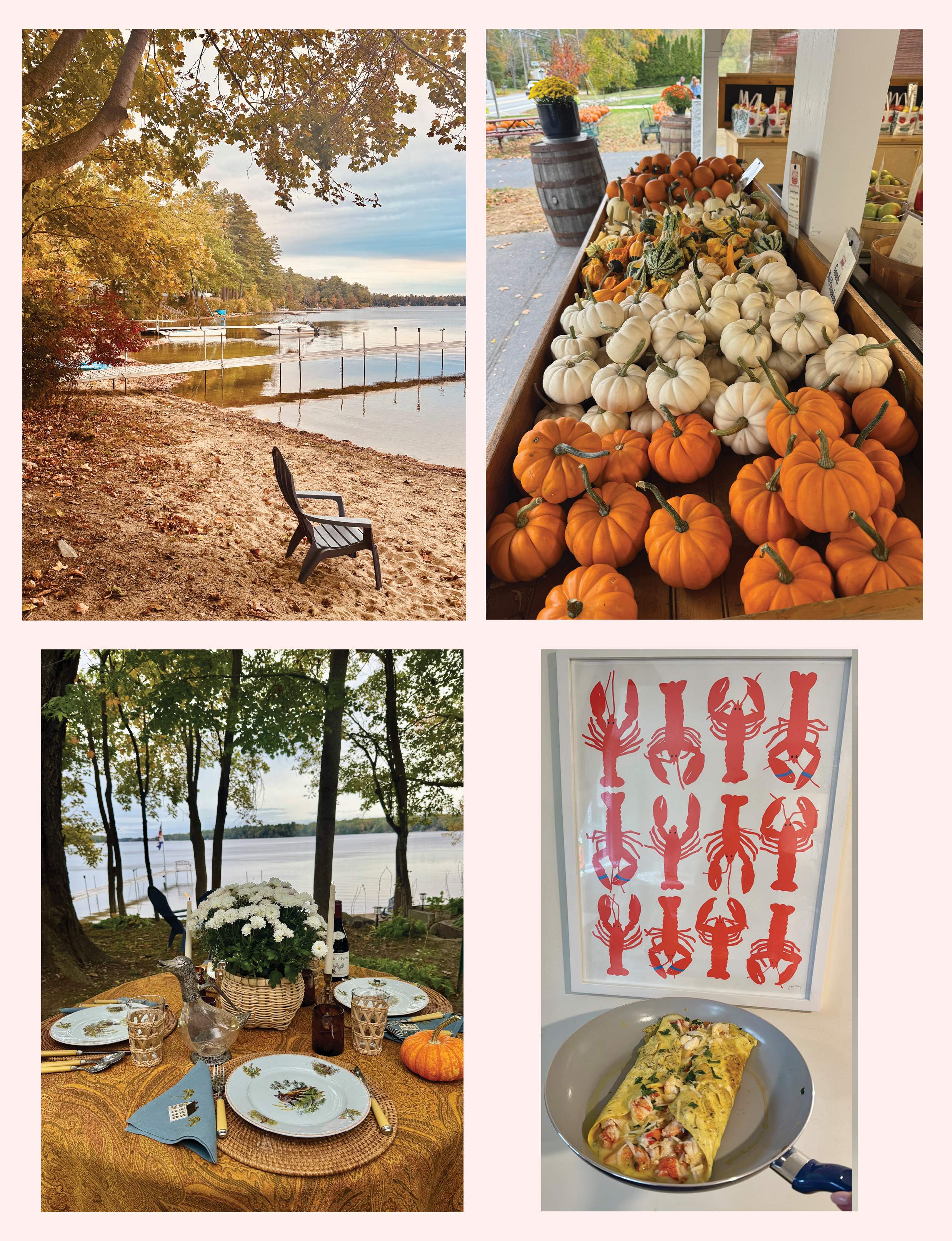 Collage of lakeside Maine beach, pumpkins, fall autumn table setting, and lobster omelette