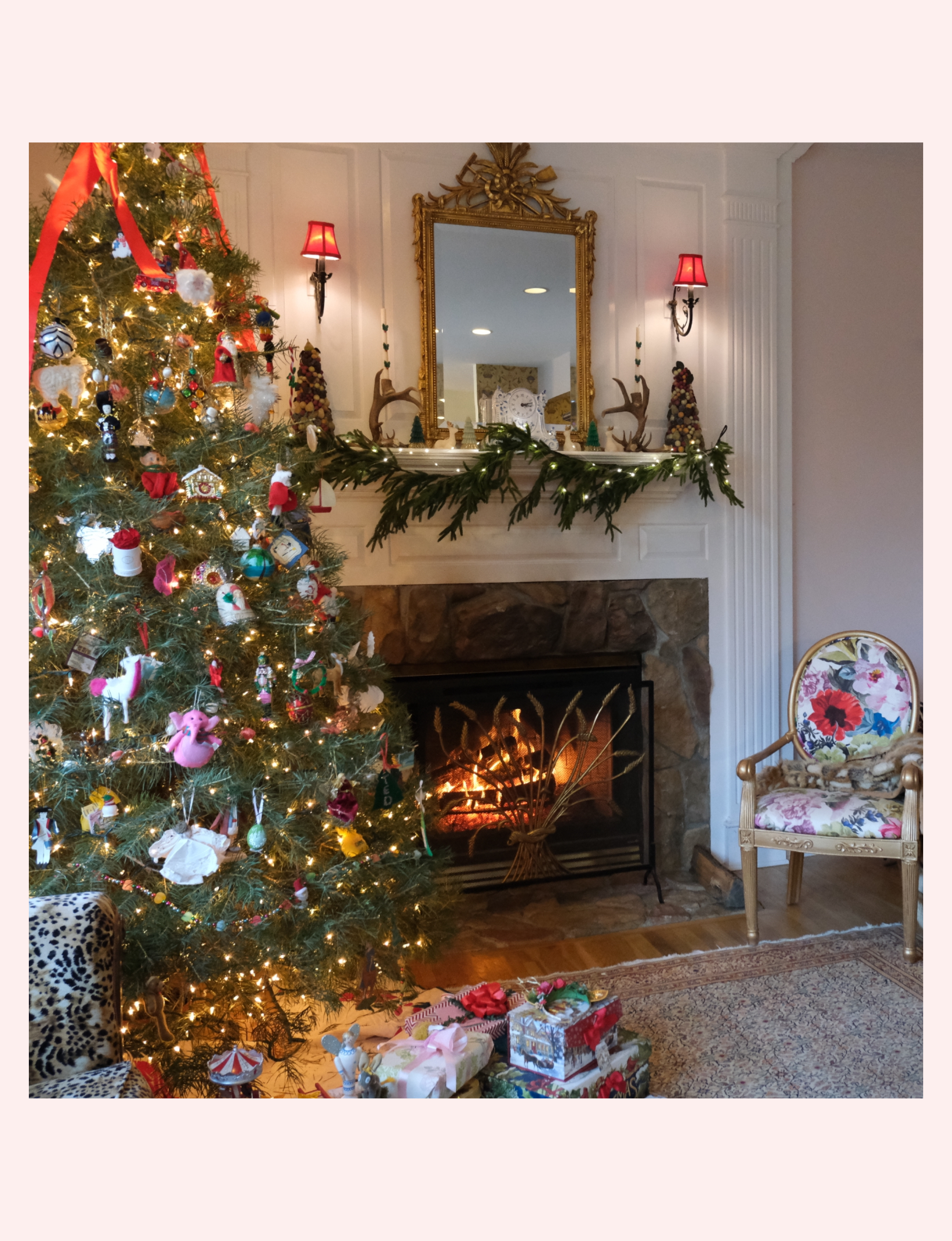 Christmas tree presents fireplace garland