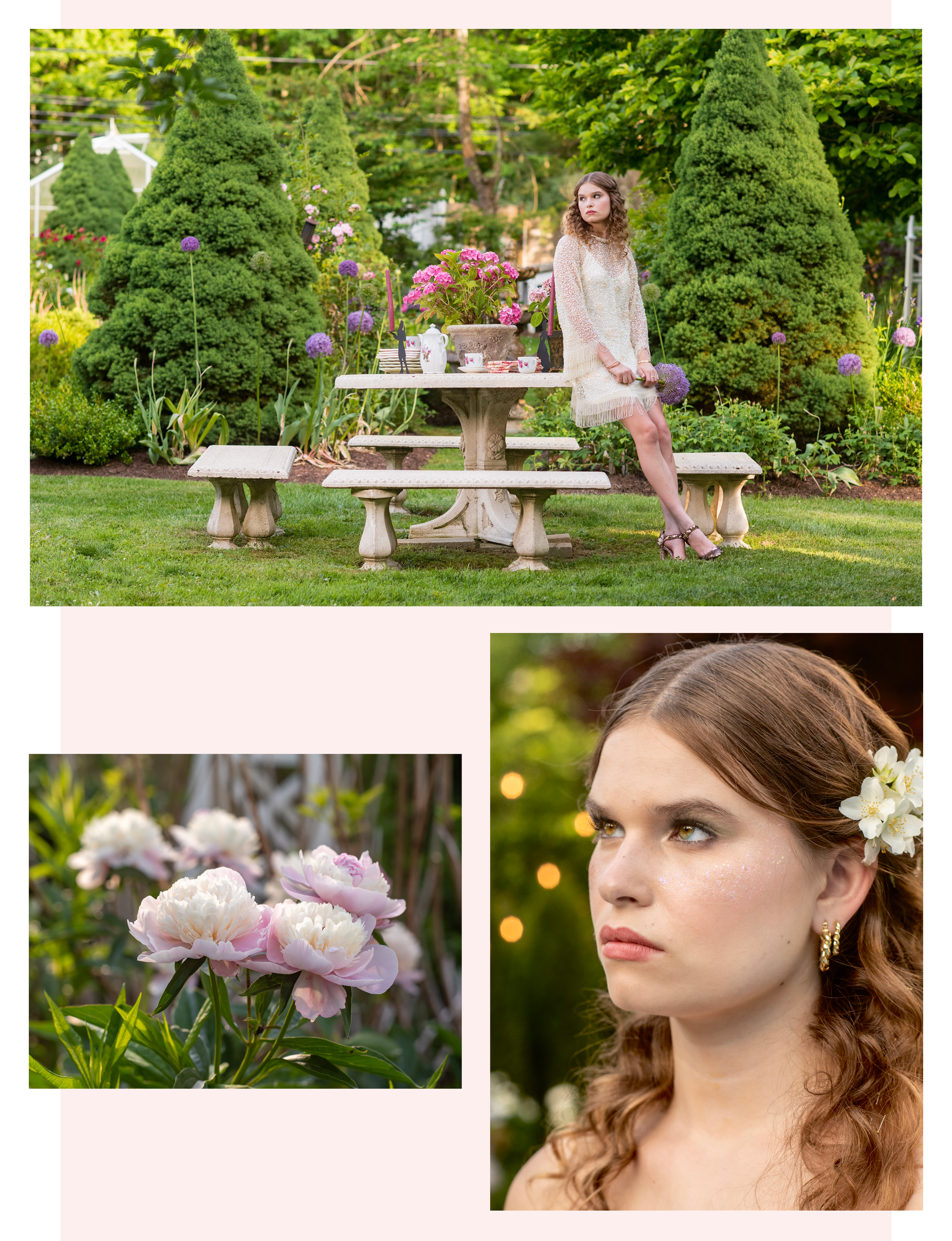model Samantha Lee posing in garden in summer