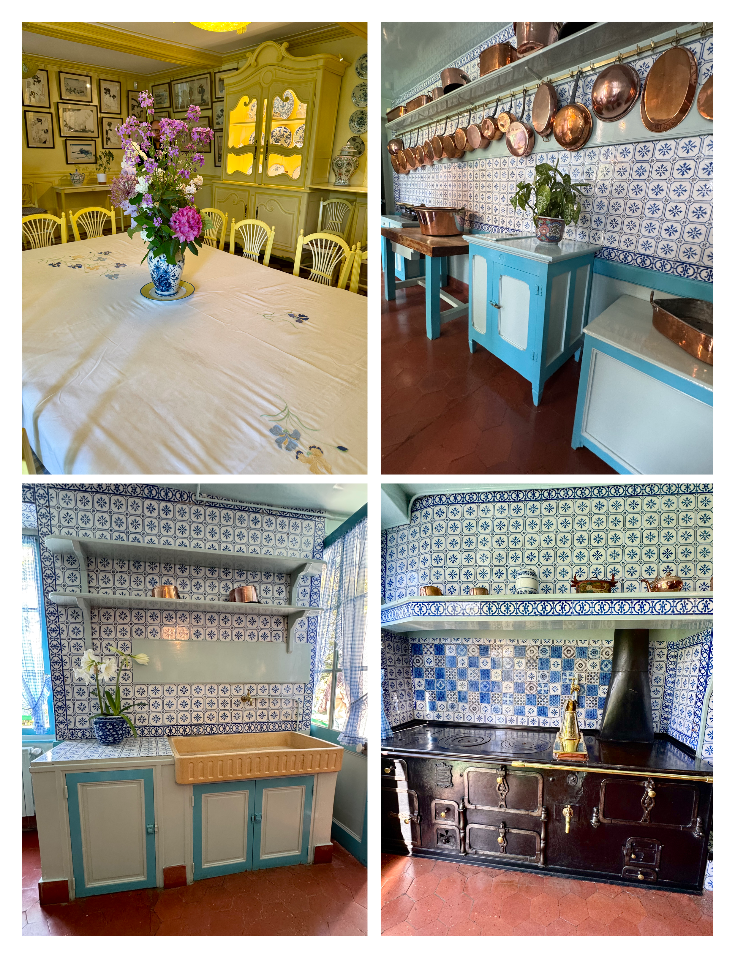 Claude Monet's famous country kitchen and yellow dining room at his home in Giverny, France, feature signature blue-and-white Rouen ceramic tiles, gleaming copper cookware, and vibrant color palettes chosen by the artist himself