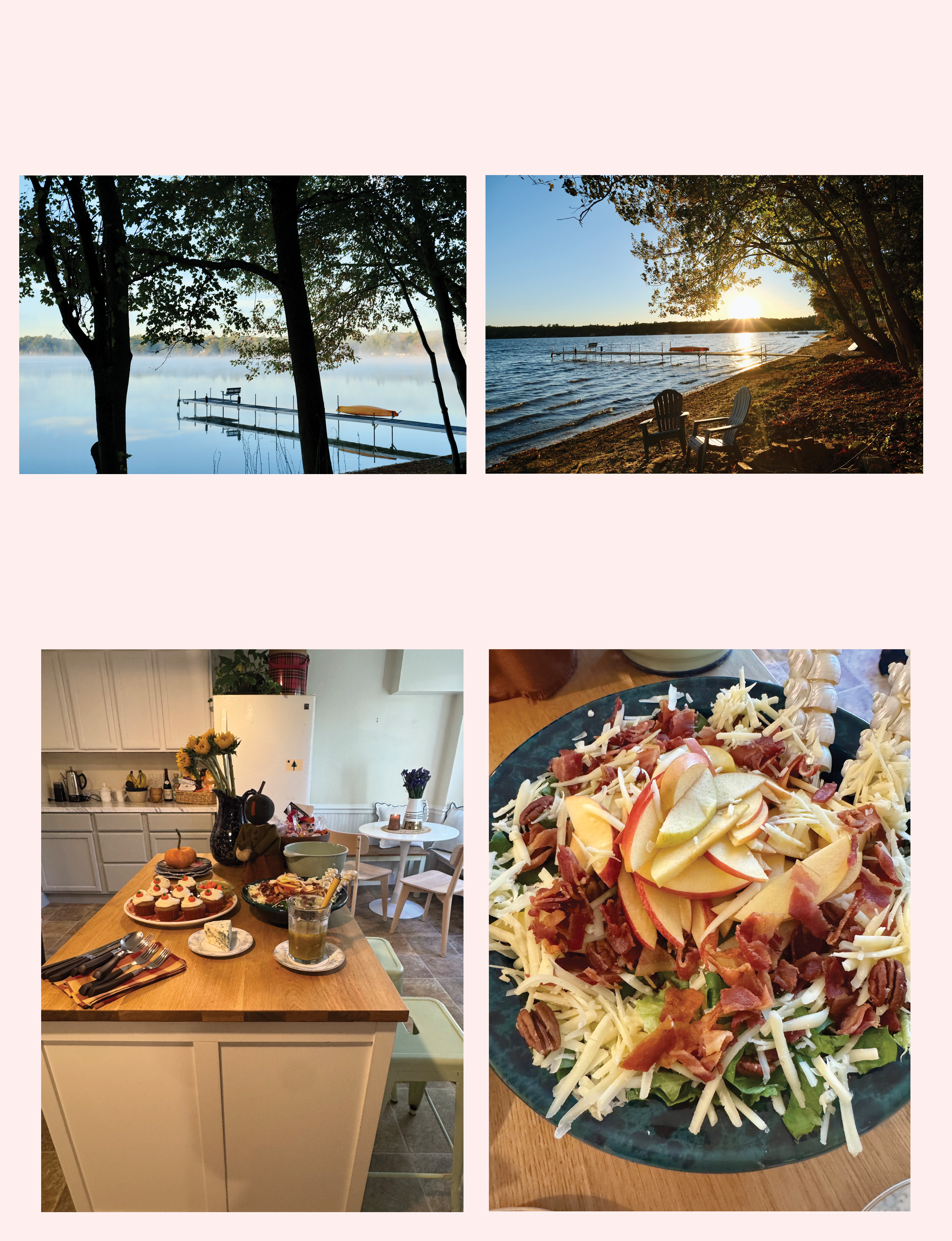 Collage of early morning on a lake in Maine, sunset on a lake in Maine, inside kitchen autumn desserts, and an apple bacon cheese salad