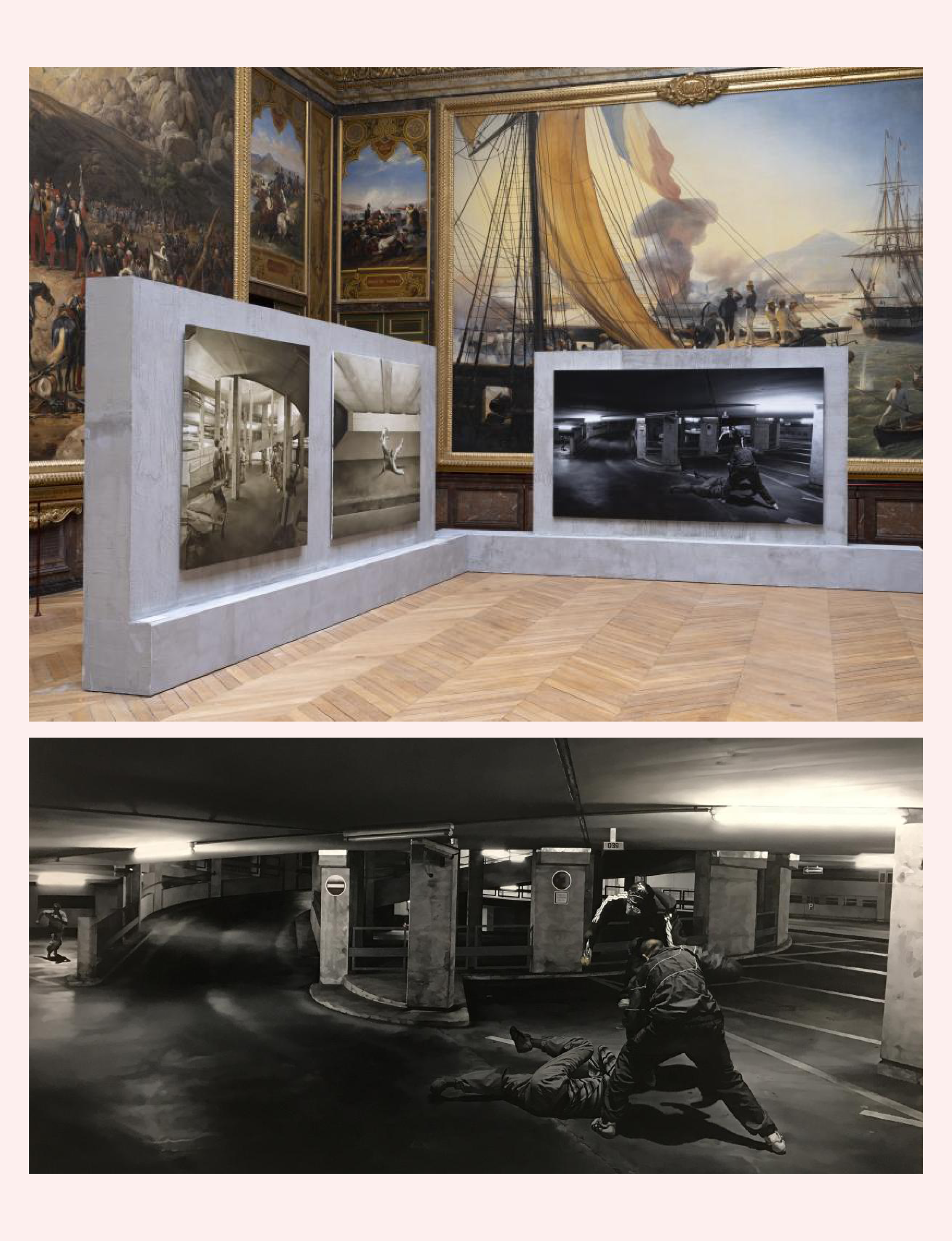 an installation view of contemporary artist Guillaume Bresson's solo exhibition at the Palace of Versailles, displayed in front of historical 19th-century battle and marine paintings