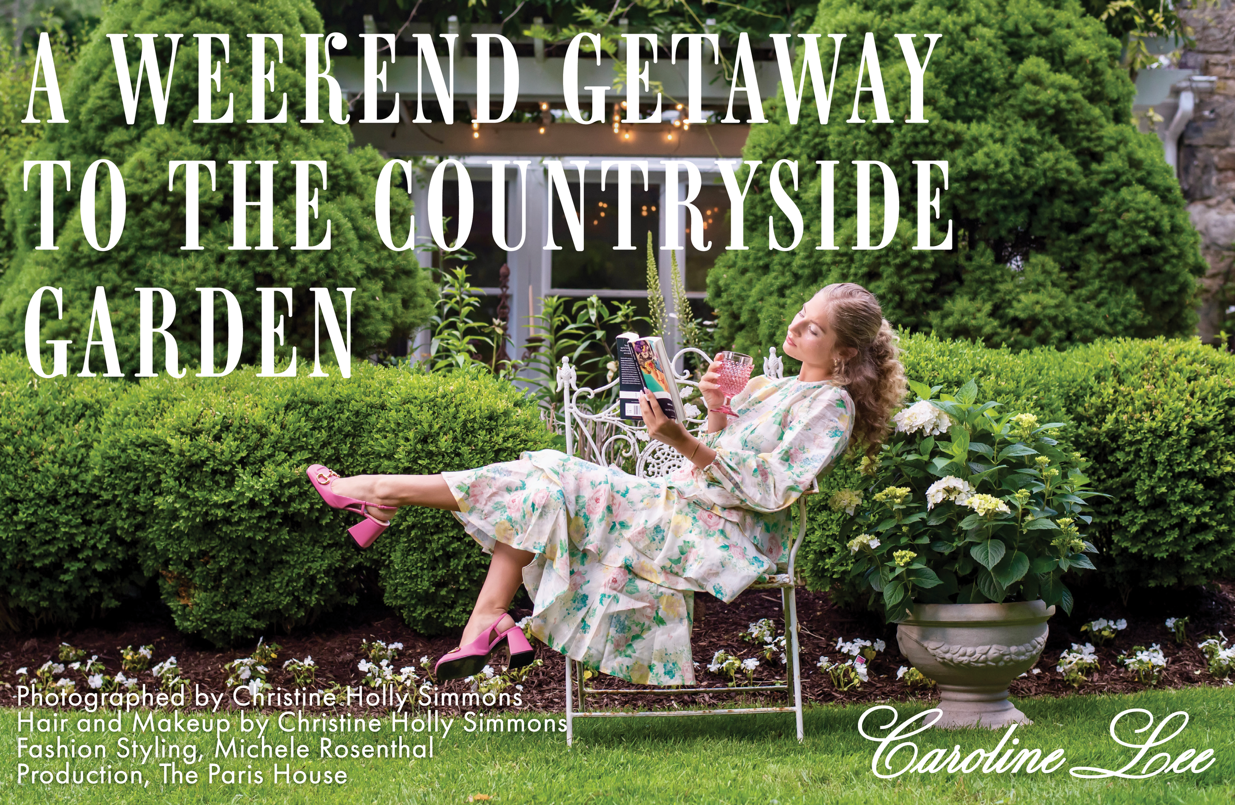 model Caroline Lee reading a book as she sits on a chair in a garden with pink heels dress and drink
