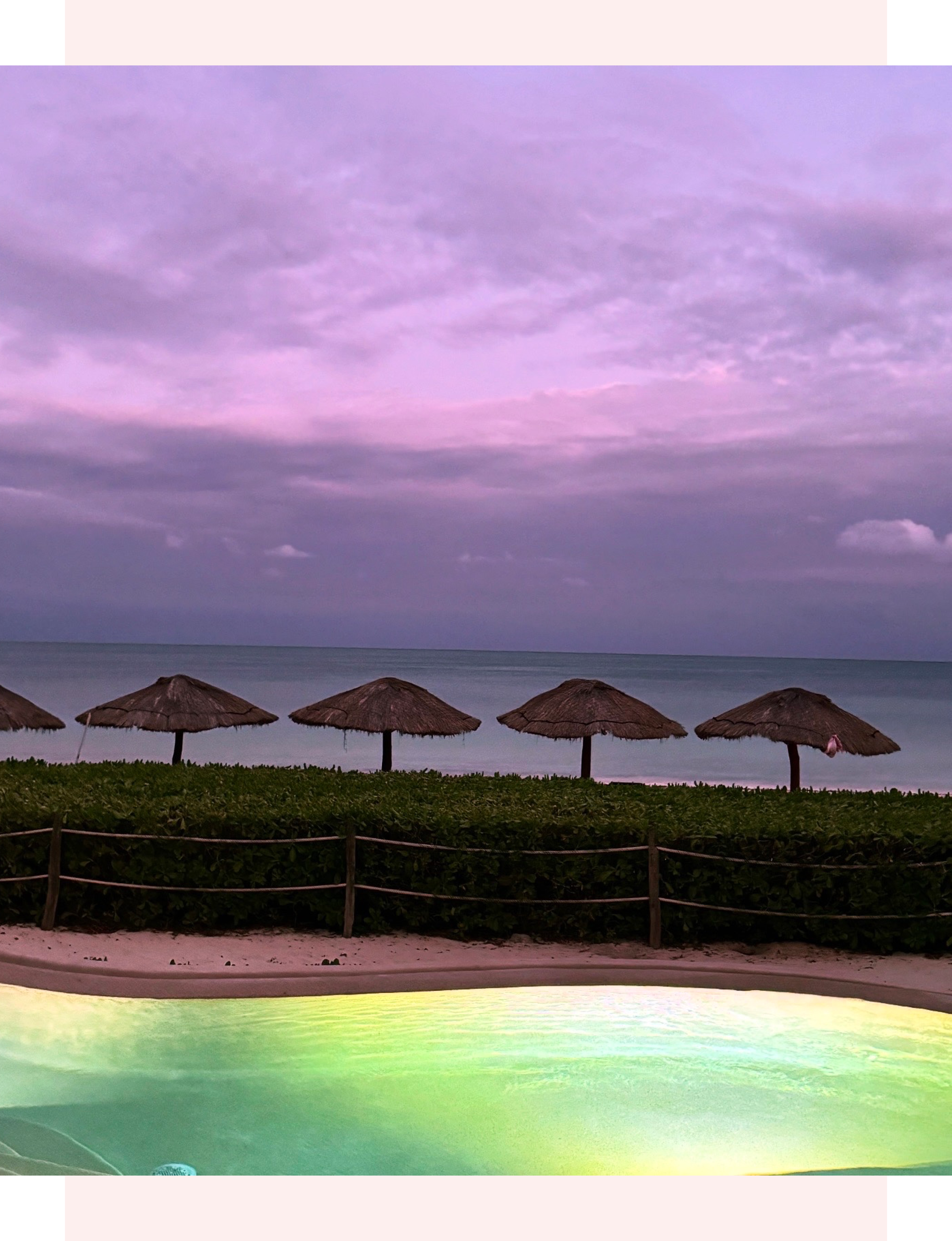 scenic view at dusk overlooks the Caribbean Sea from the oceanfront pool area at Hyatt in Mexico