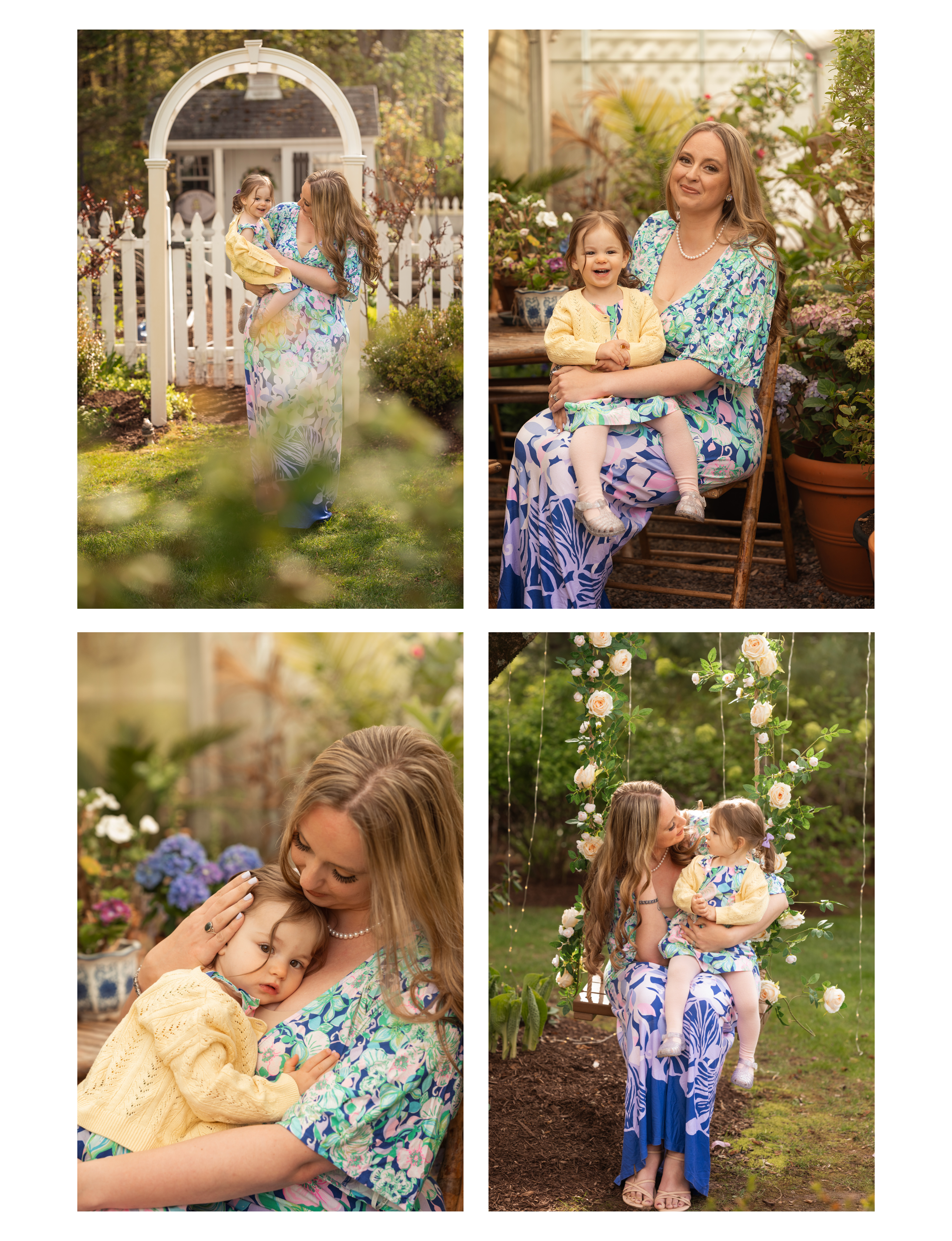 Mother and daughter in a garden in spring