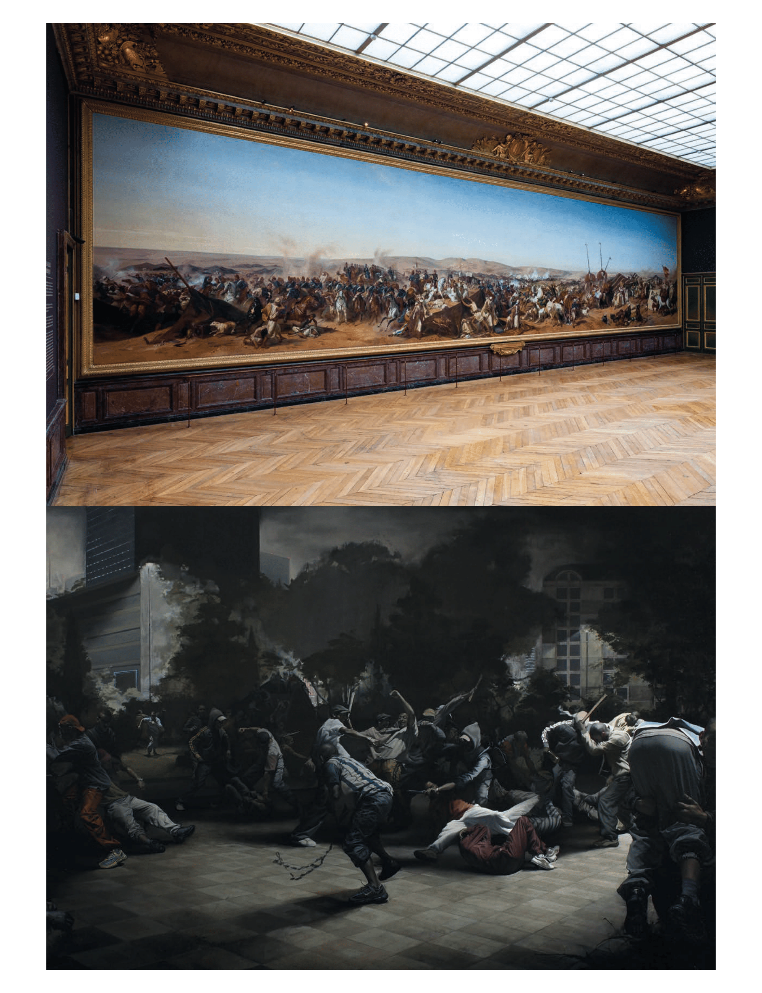 Horace Vernet's monumental 1845 history painting The Capture of the Smalah of Abd-el-Kader and a contemporary figurative oil painting by Guillaume Bresson juxtaposing violent street-fight choreography with classical composition