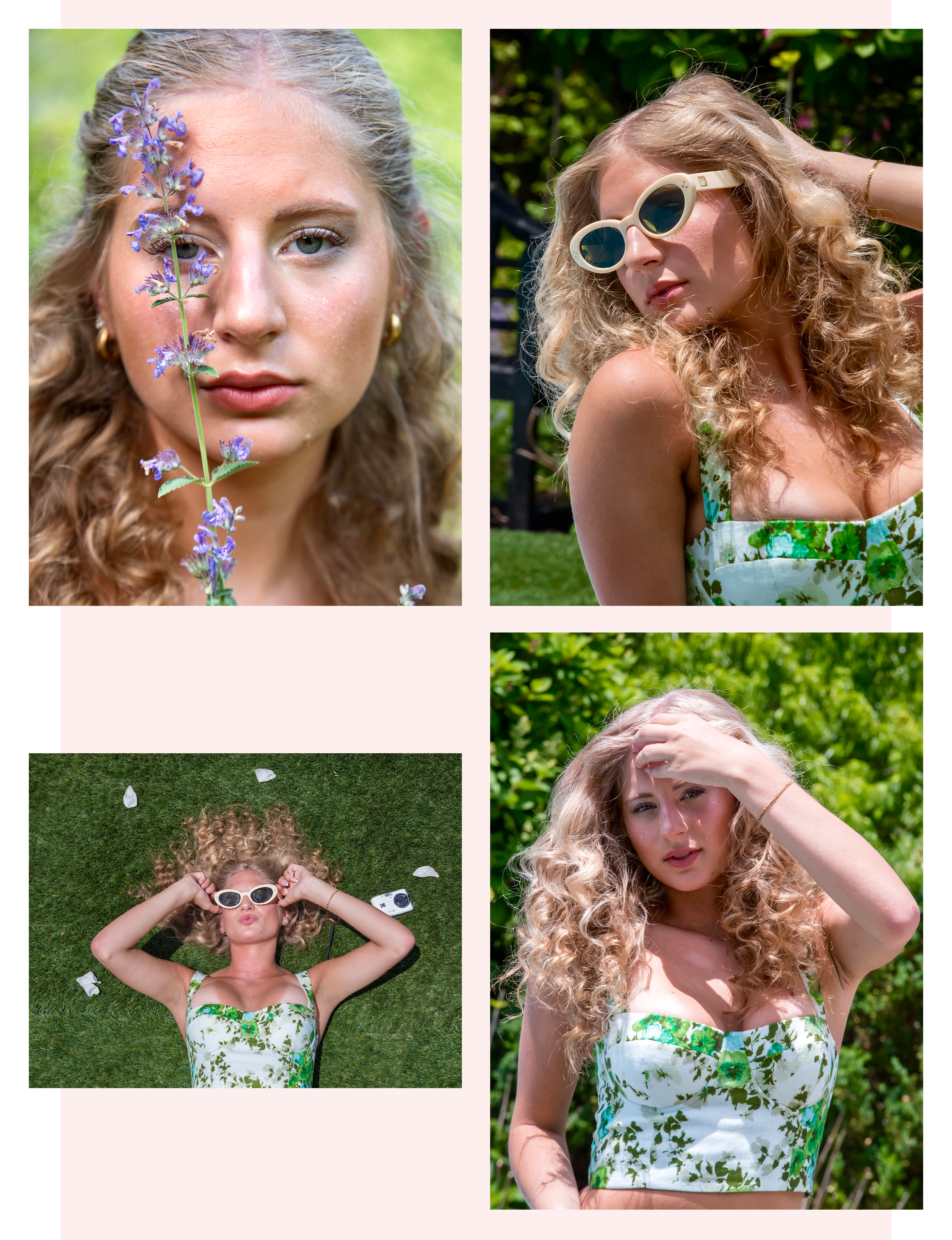 model Caroline Lee posing in garden in summer
