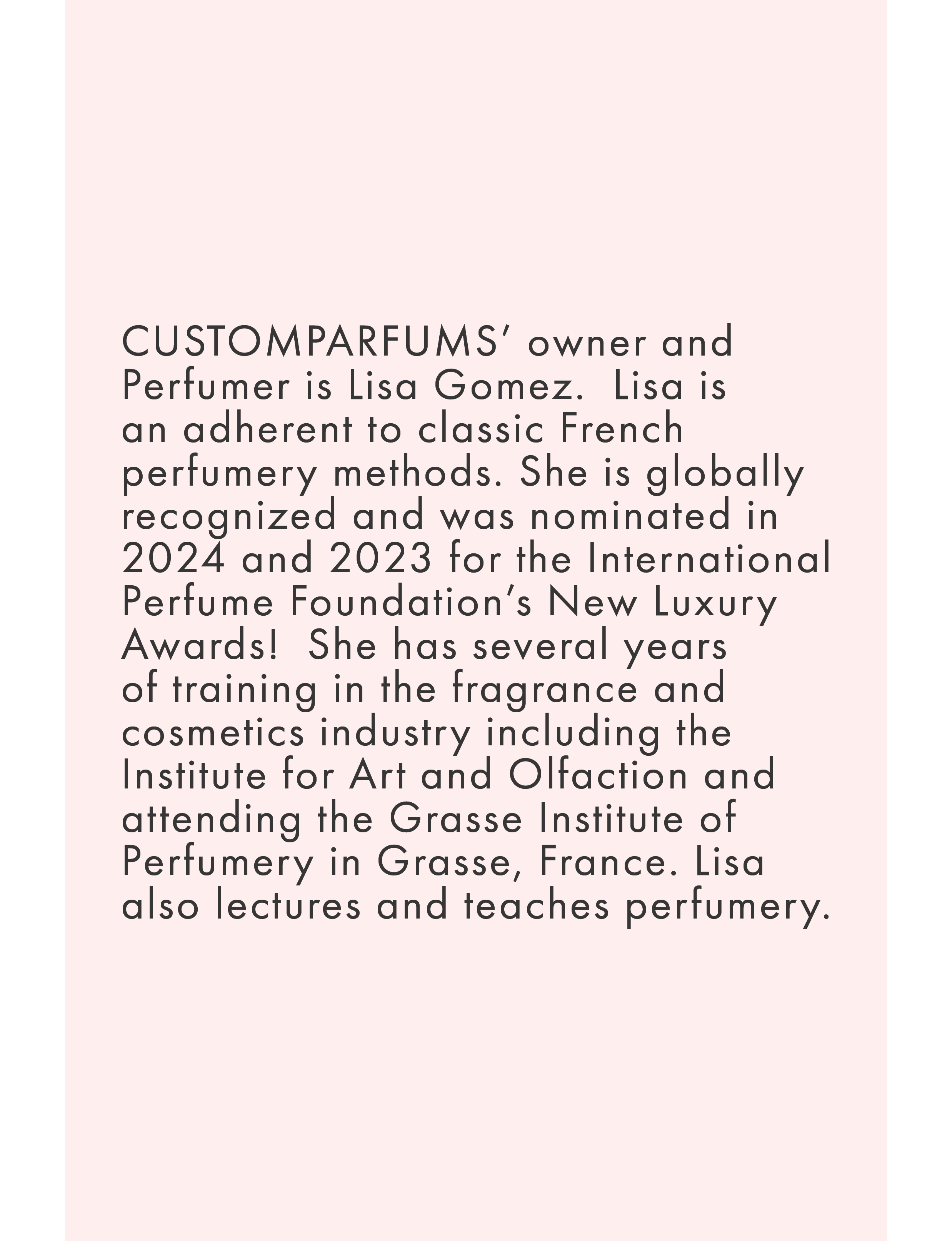 about CUSTOMPARFUMS owner and perfumer Lisa Gomez