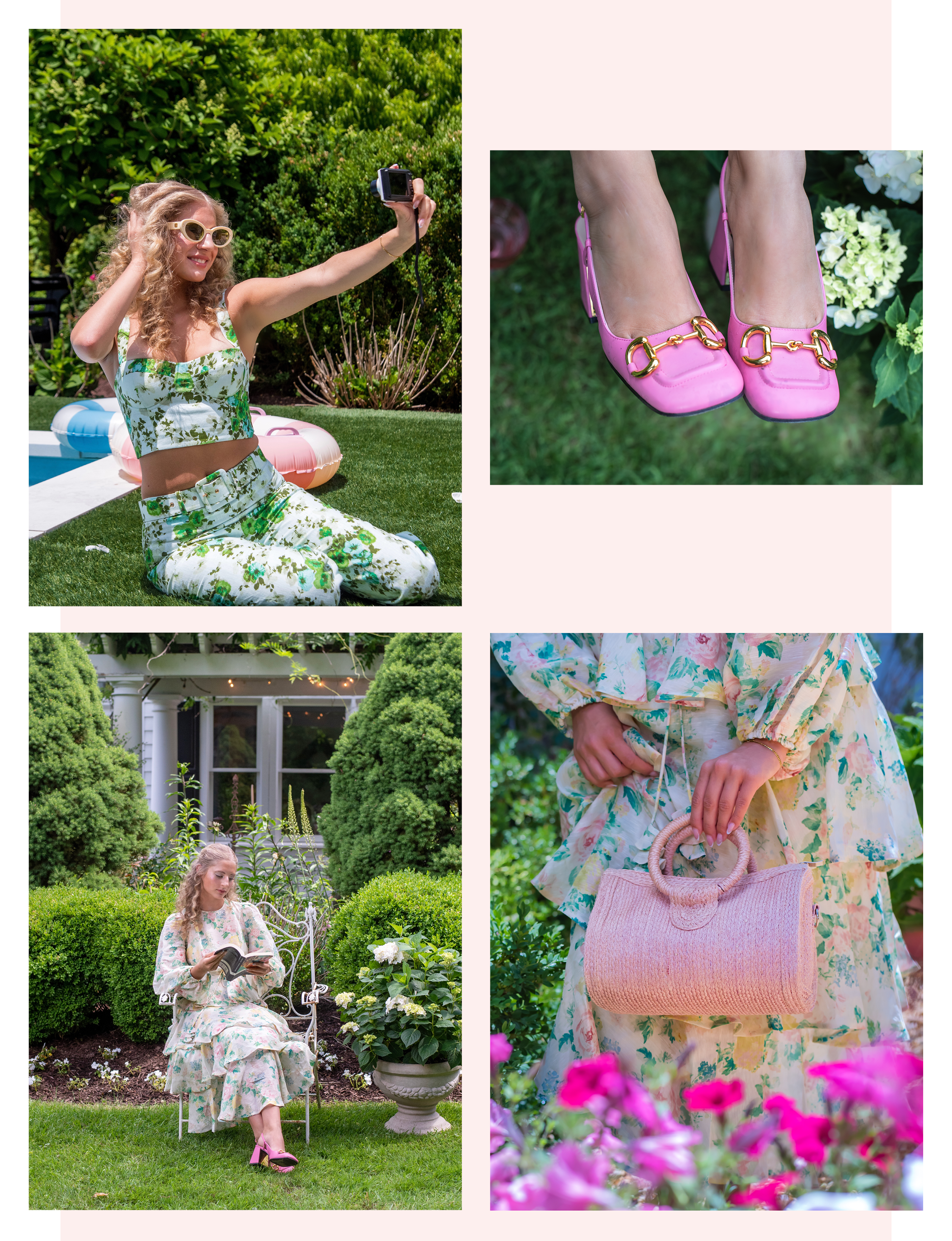model Caroline Lee posing in garden in summer