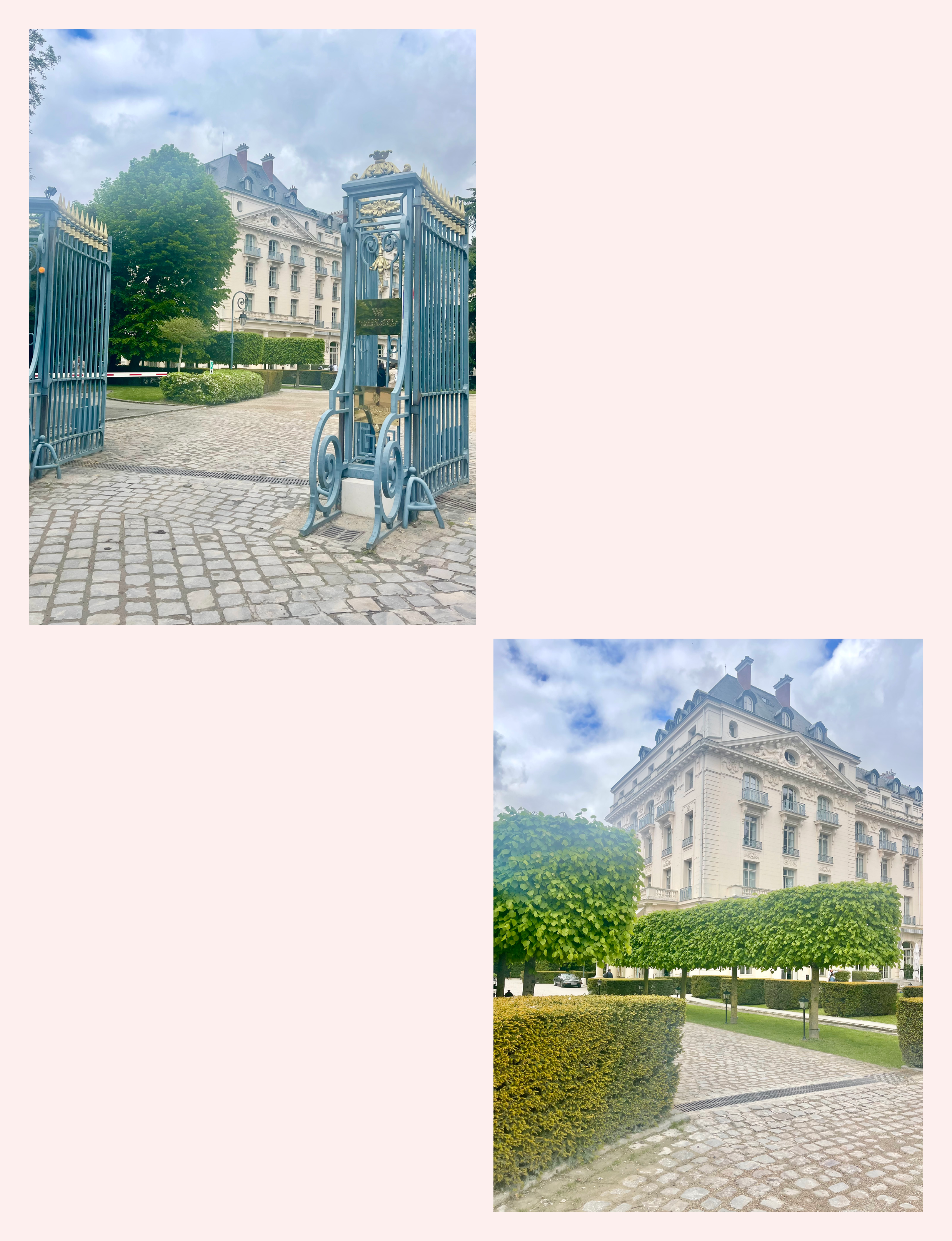 the ornate blue and gold main entrance gates and manicured gardens of the Waldorf Astoria Versailles - Trianon Palace