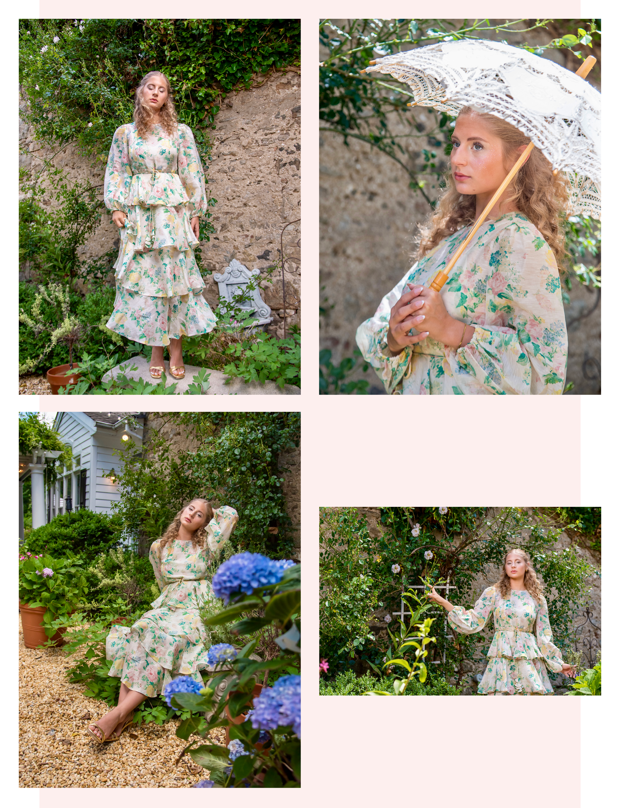 model Caroline Lee posing in garden in summer