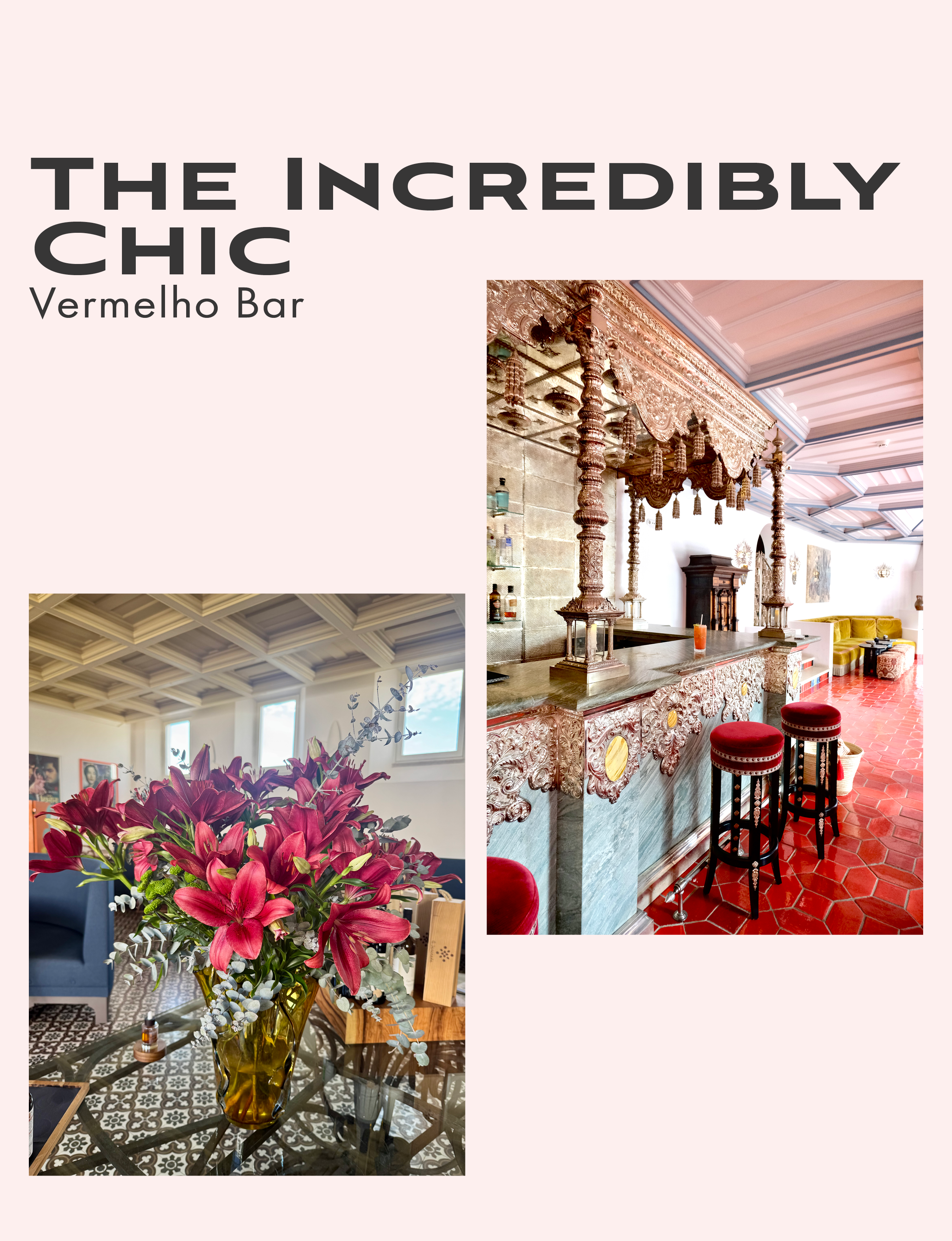 Melides Portugal Hotel Vermelho Bar ornate with red floors and flowers