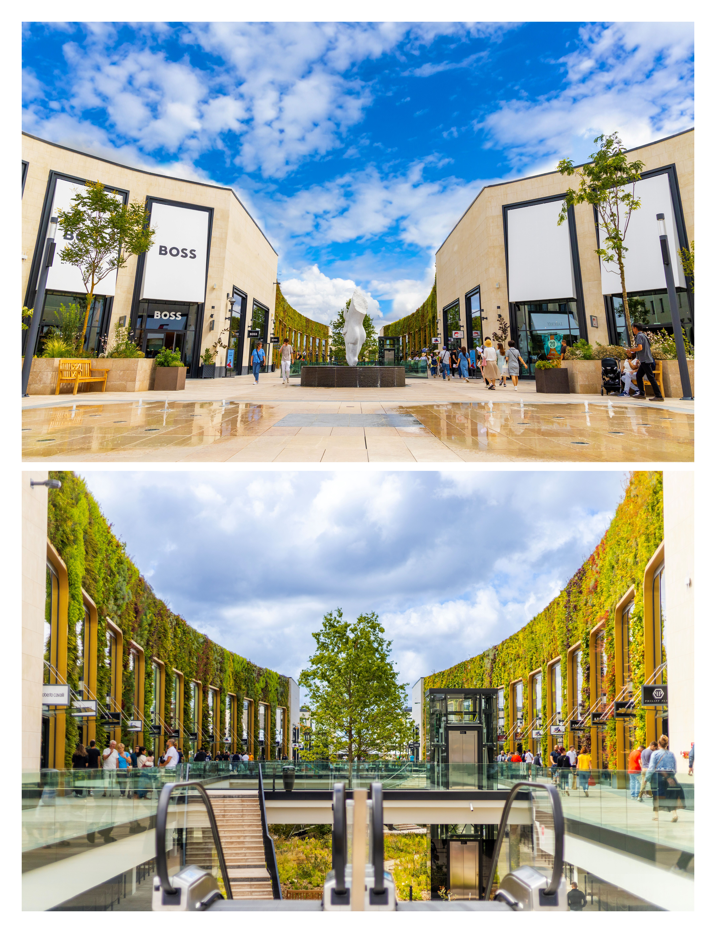 McArthurGlen Paris-Giverny integrates open-air architecture, contemporary sculptures, and lush green living walls