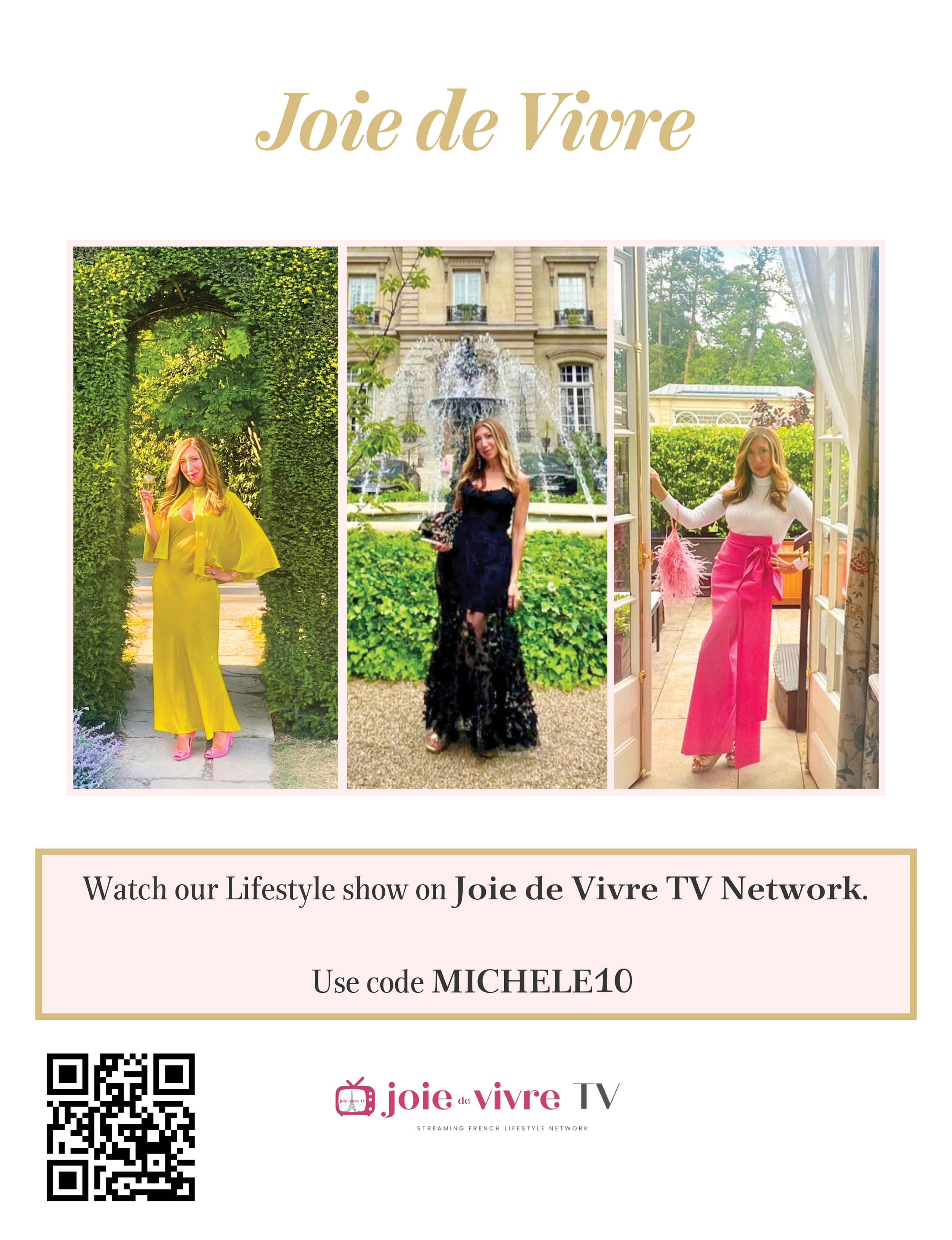 a promotional collage for French lifestyle show Joie de Vivre featuring elegant dresses and scenic outdoor backdrops