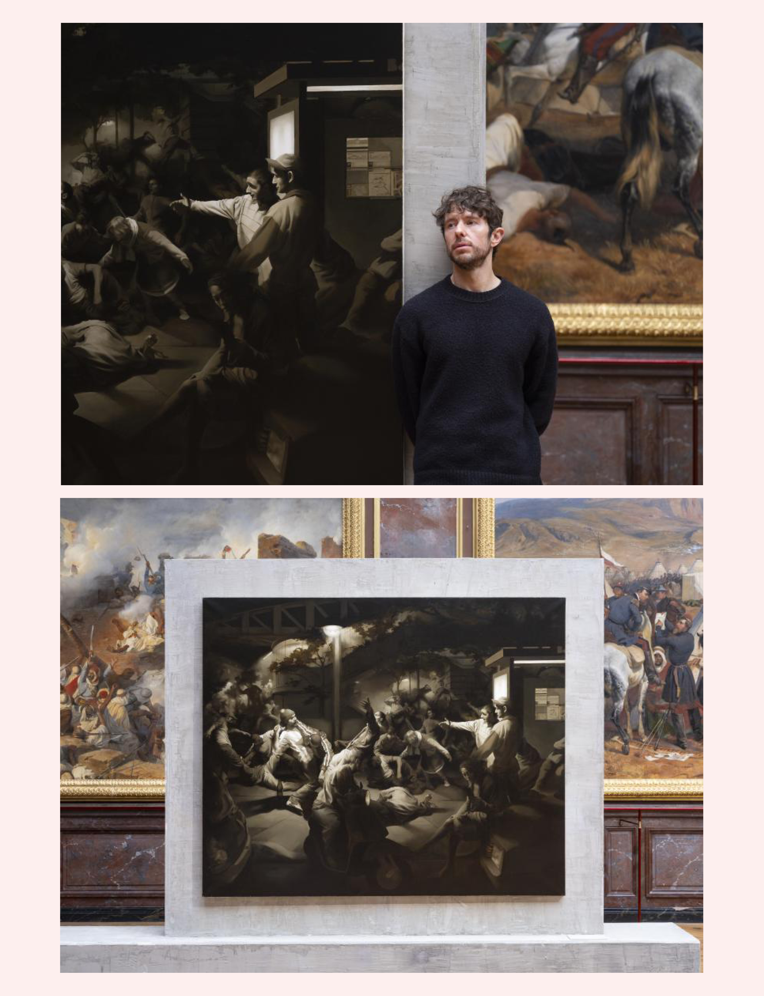 contemporary French figurative painter Guillaume Bresson alongside his hyper-realistic canvases during his solo exhibition at the Palace of Versailles