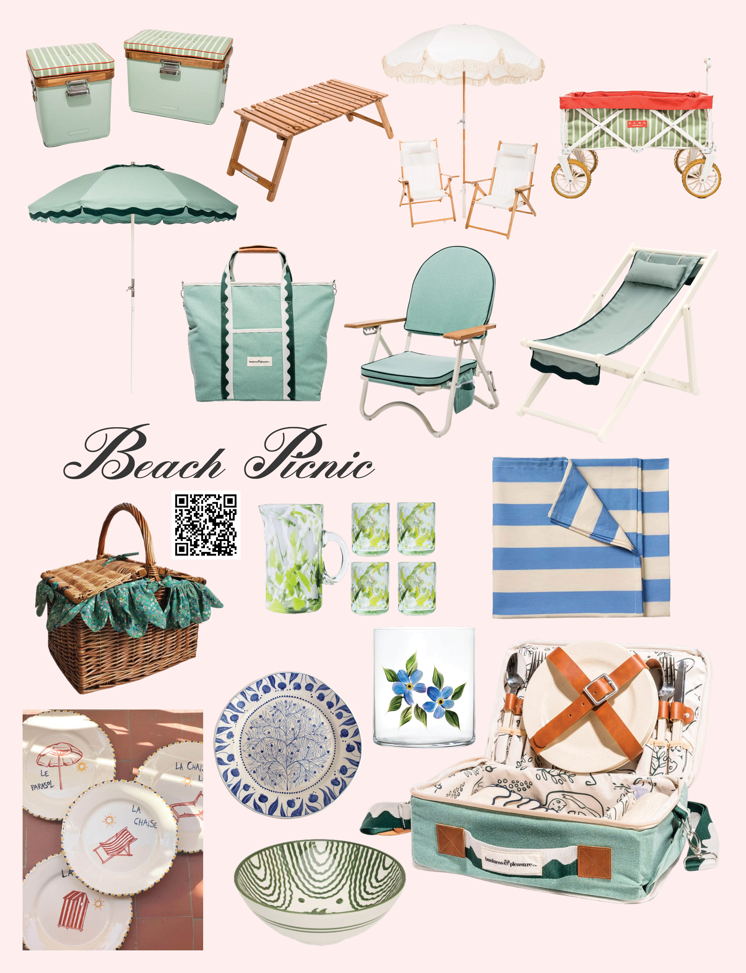 The Paris House Boutique, Beach Picnic collage featuring accessories