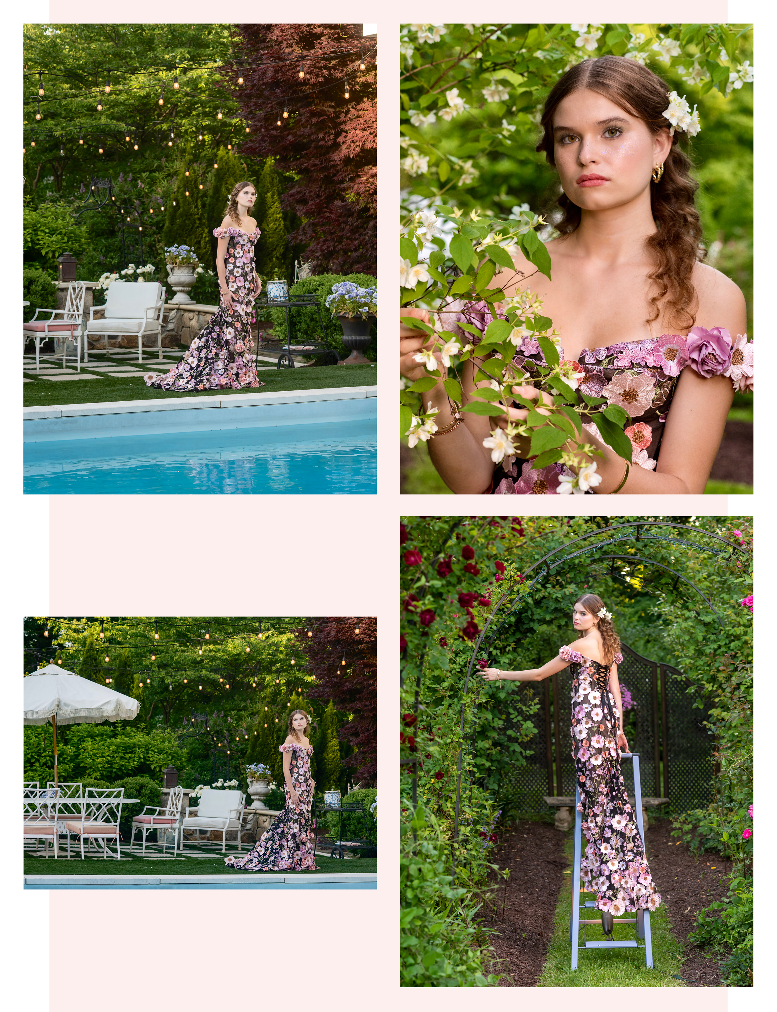 model Samantha Lee posing in garden in summer