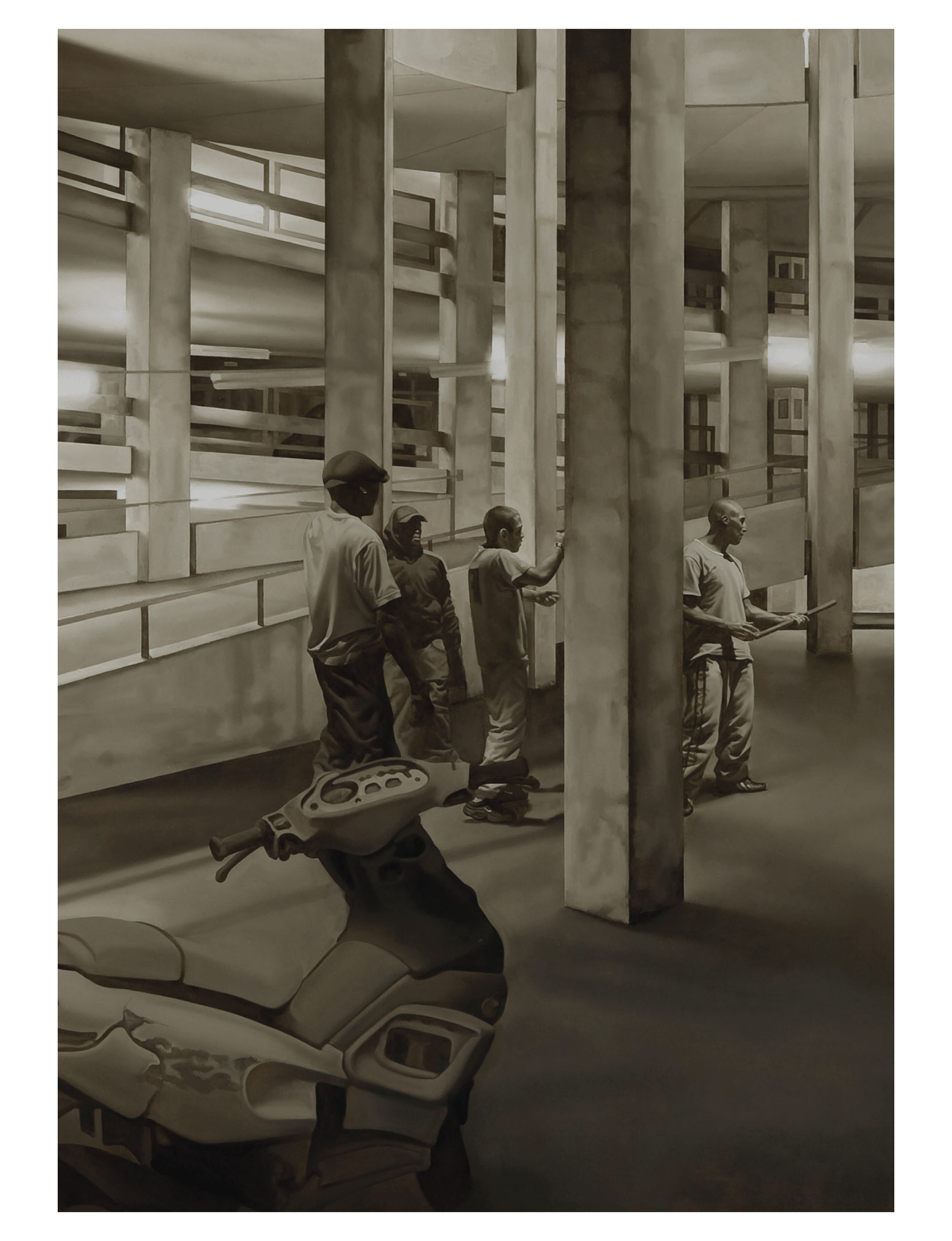 monochrome oil painting by contemporary French artist Guillaume Bresson depicts figures in a stark, brutalist concrete parking structure or underpass