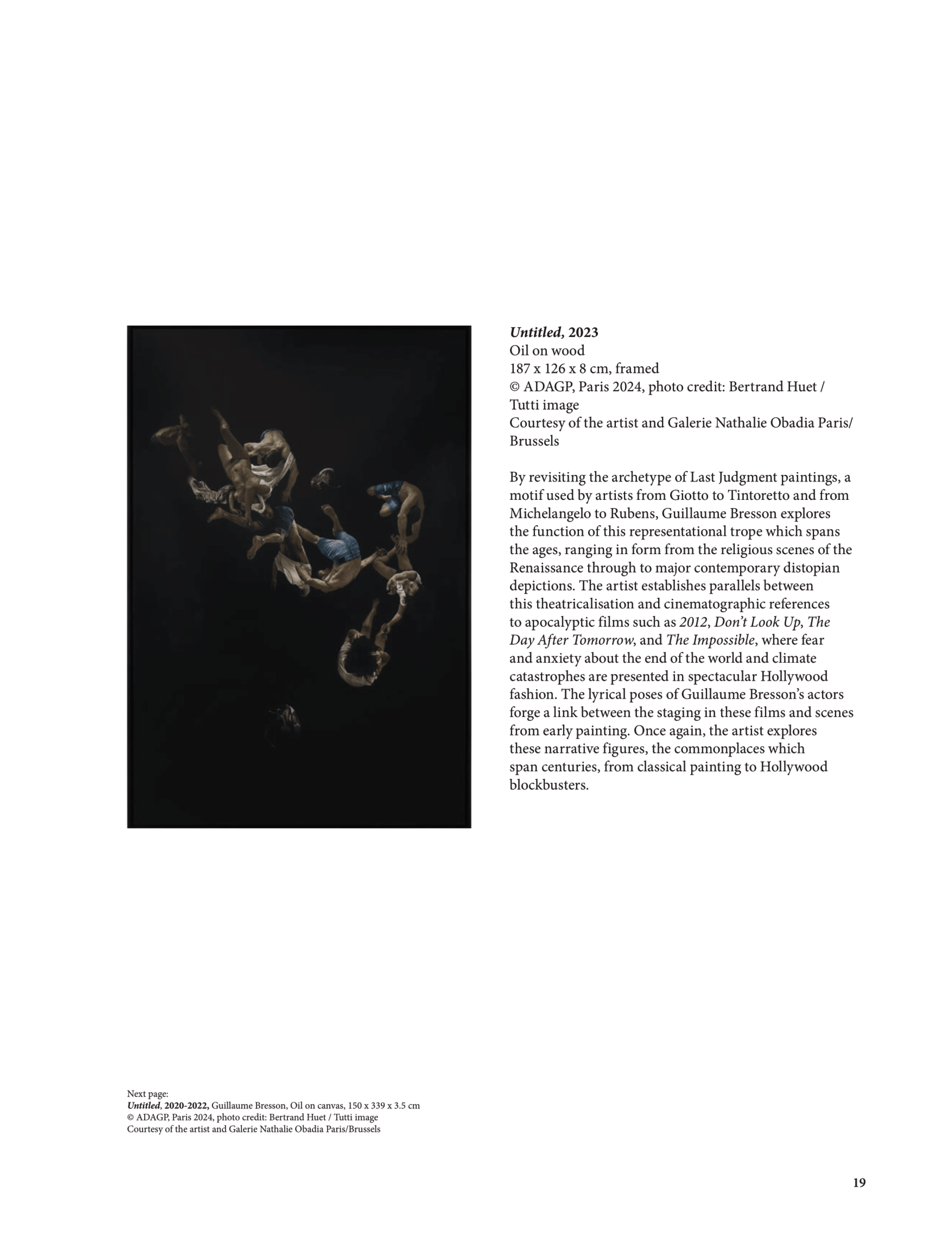 Untitled, 2023, an oil on wood painting by French contemporary artist Guillaume Bresson, displayed alongside a curatorial text detailing its thematic connection to Last Judgment iconography and cinematic dystopias