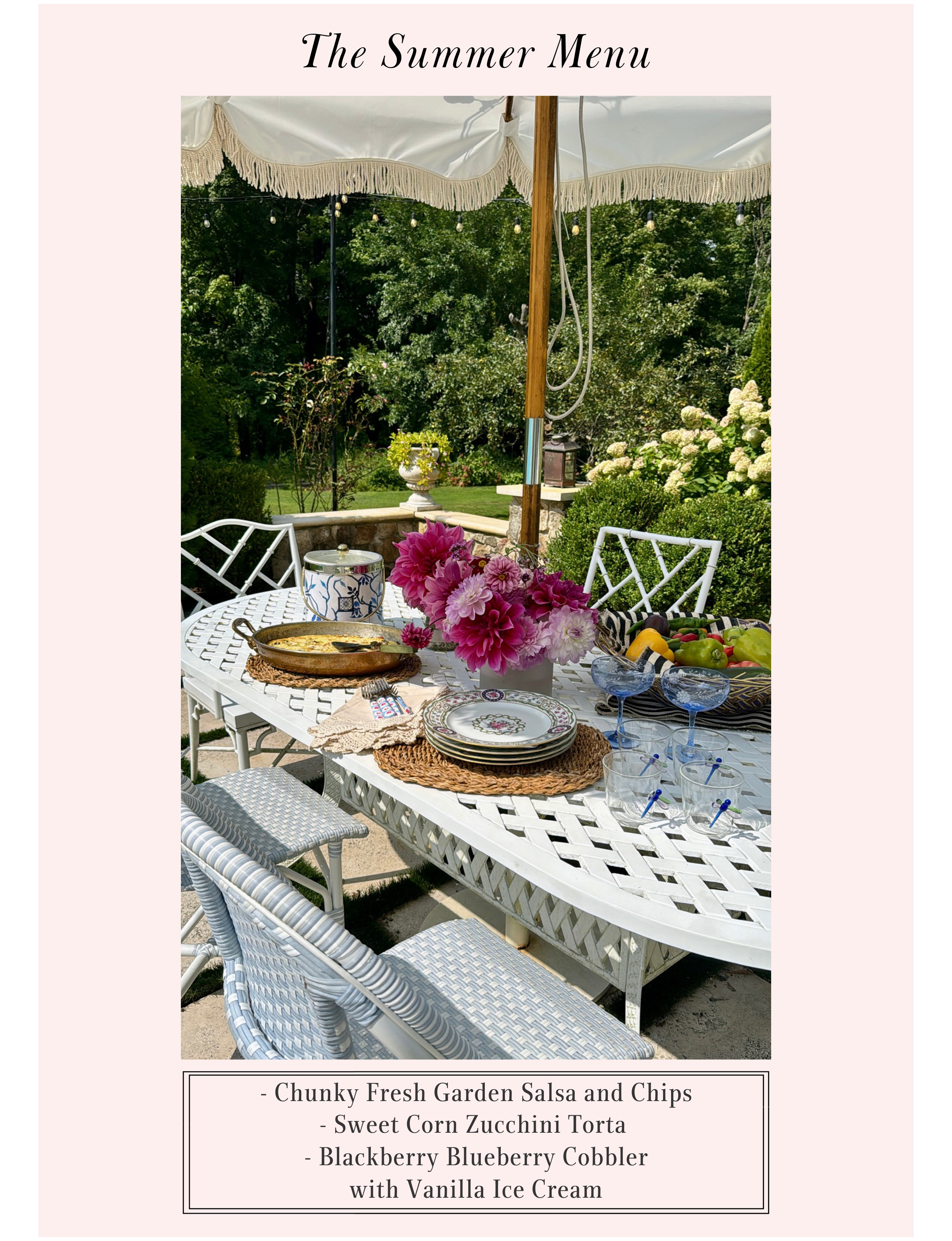 summer outdoor dining patio table with pink flowers fresh food and vegetables