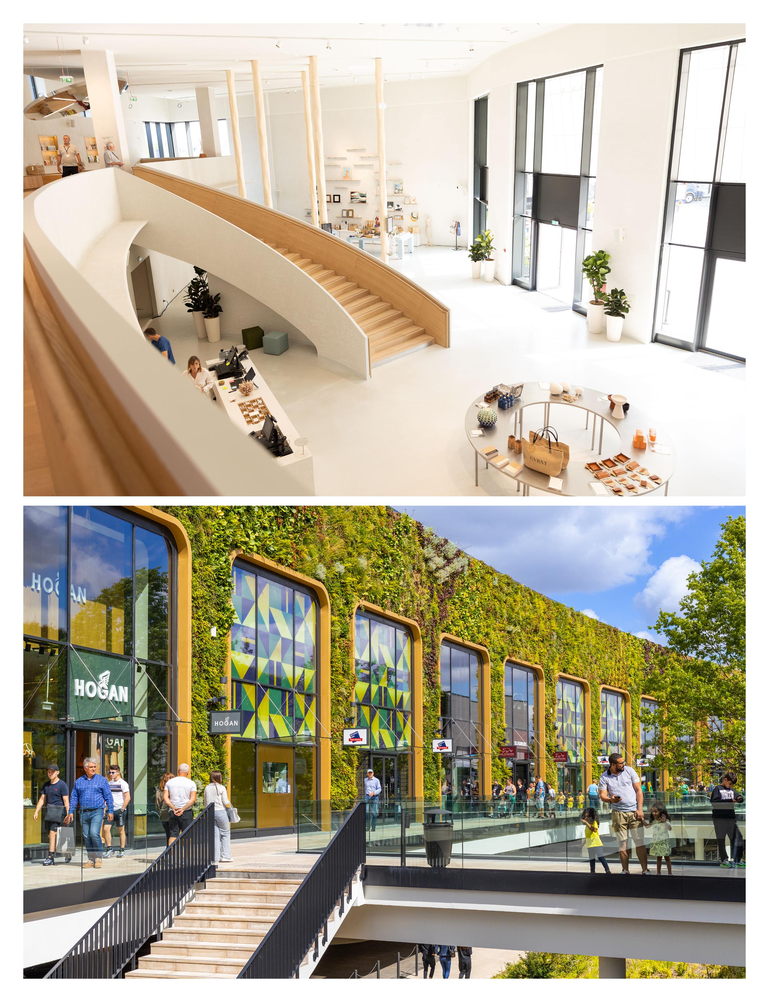 The McArthurGlen Paris-Giverny designer outlet located in Douains, France, features high-end retail storefronts framed by striking living green walls and a bright, contemporary interior with a sweeping wooden staircase