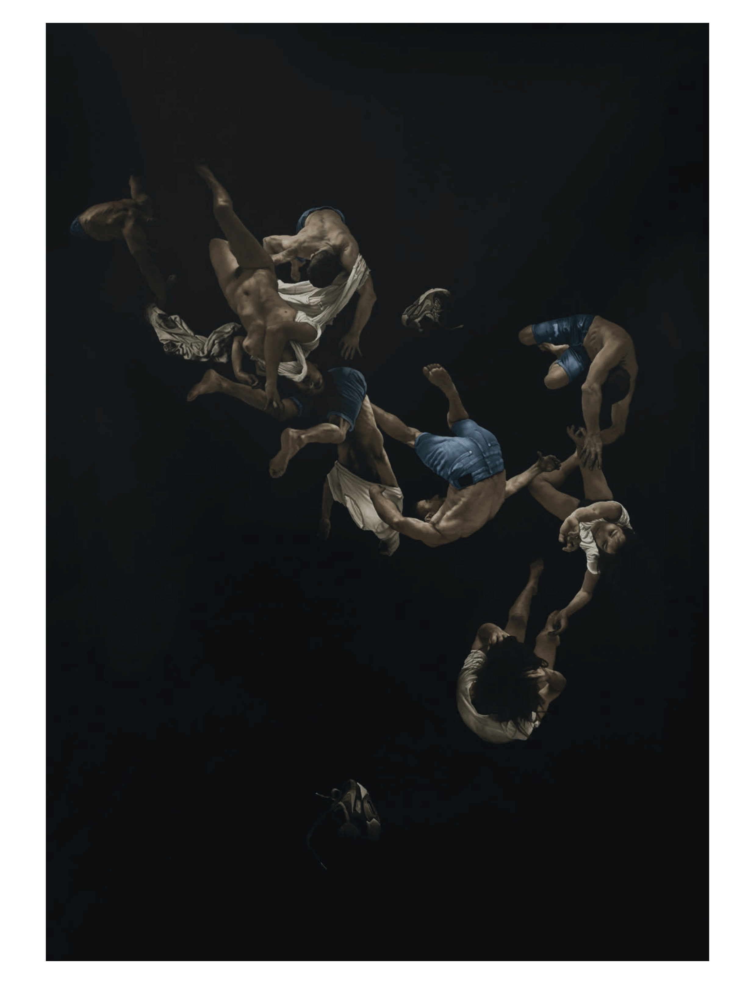 oil on canvas painting titled Sans titre (2022) by contemporary French figurative artist Guillaume Bresson, known for his dramatic, chiaroscuro-lit scenes of falling figures
