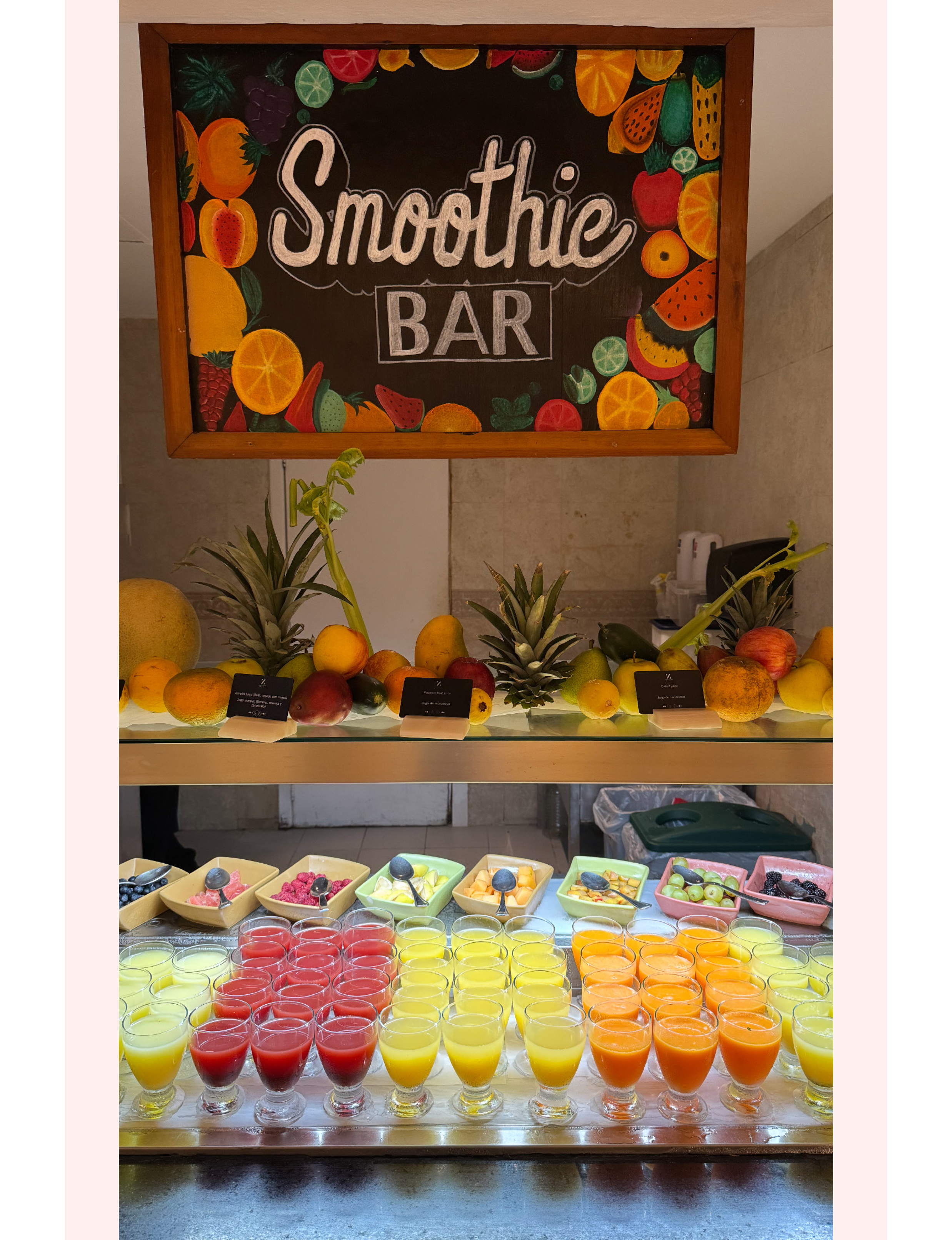 Smoothie Bar sign at Hyatt Hotel in Mexico with assorted chopped fresh fruit in bowls and assorted fresh juice glasses