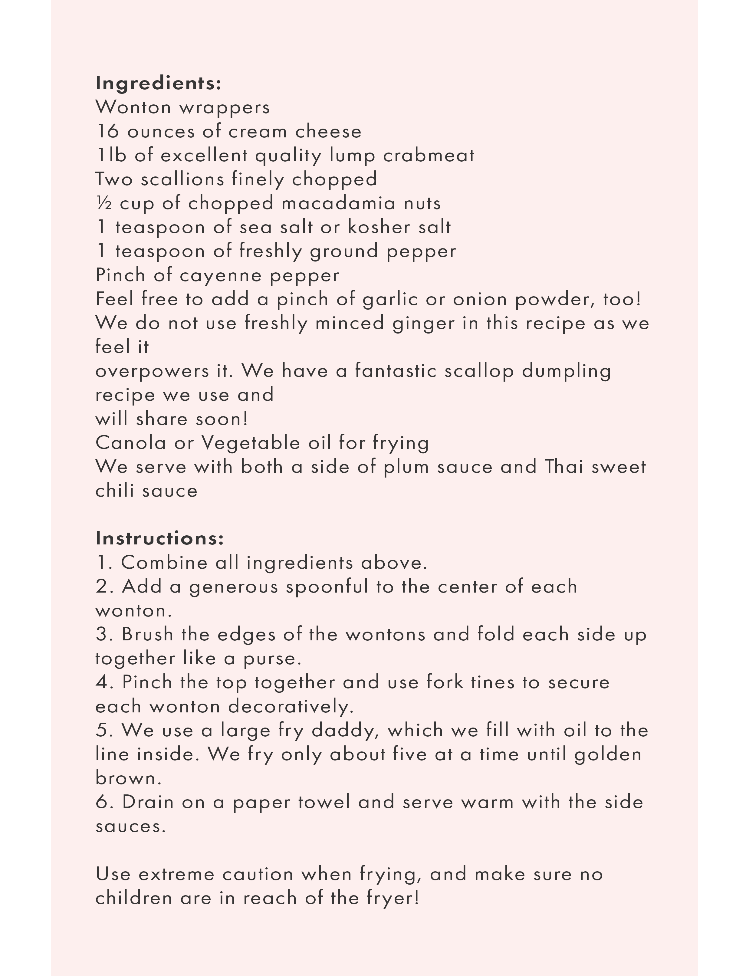 Ingredients and instructions for Crabmeat Macadamia Wontons recipe