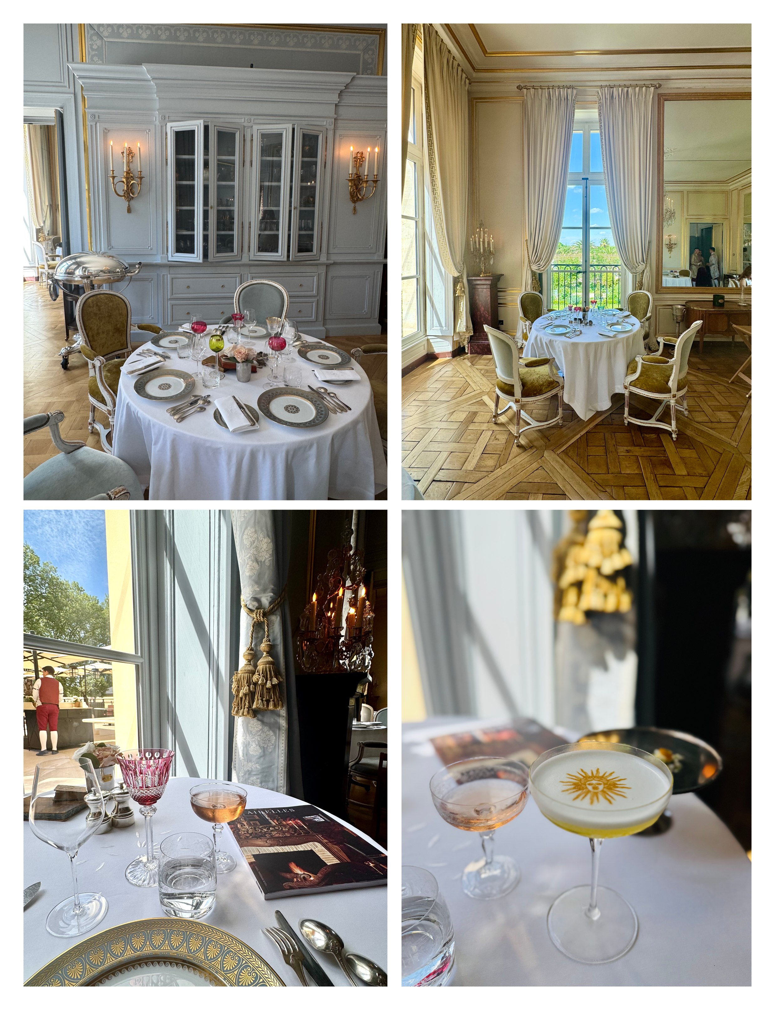 the opulent dining rooms, table settings, and signature cocktails at Le Grand Contrôle, the 5-star hotel and restaurant by Airelles Château de Versailles featuring fine dining by chef Alain Ducasse inside the historic estate