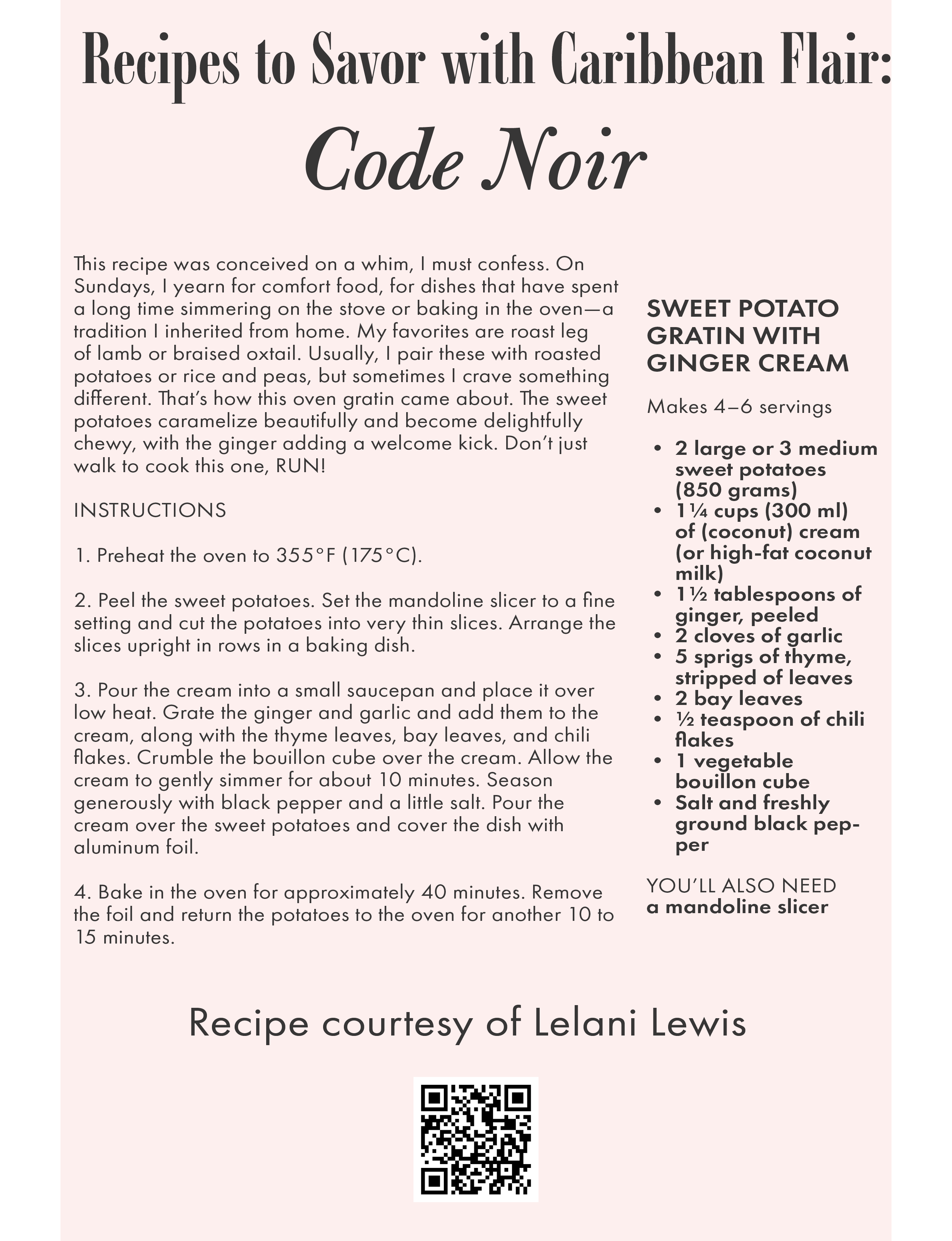 Recipe for Sweet Potato Gratin with Ginger Cream by Lelani Lewis author of Code Noir