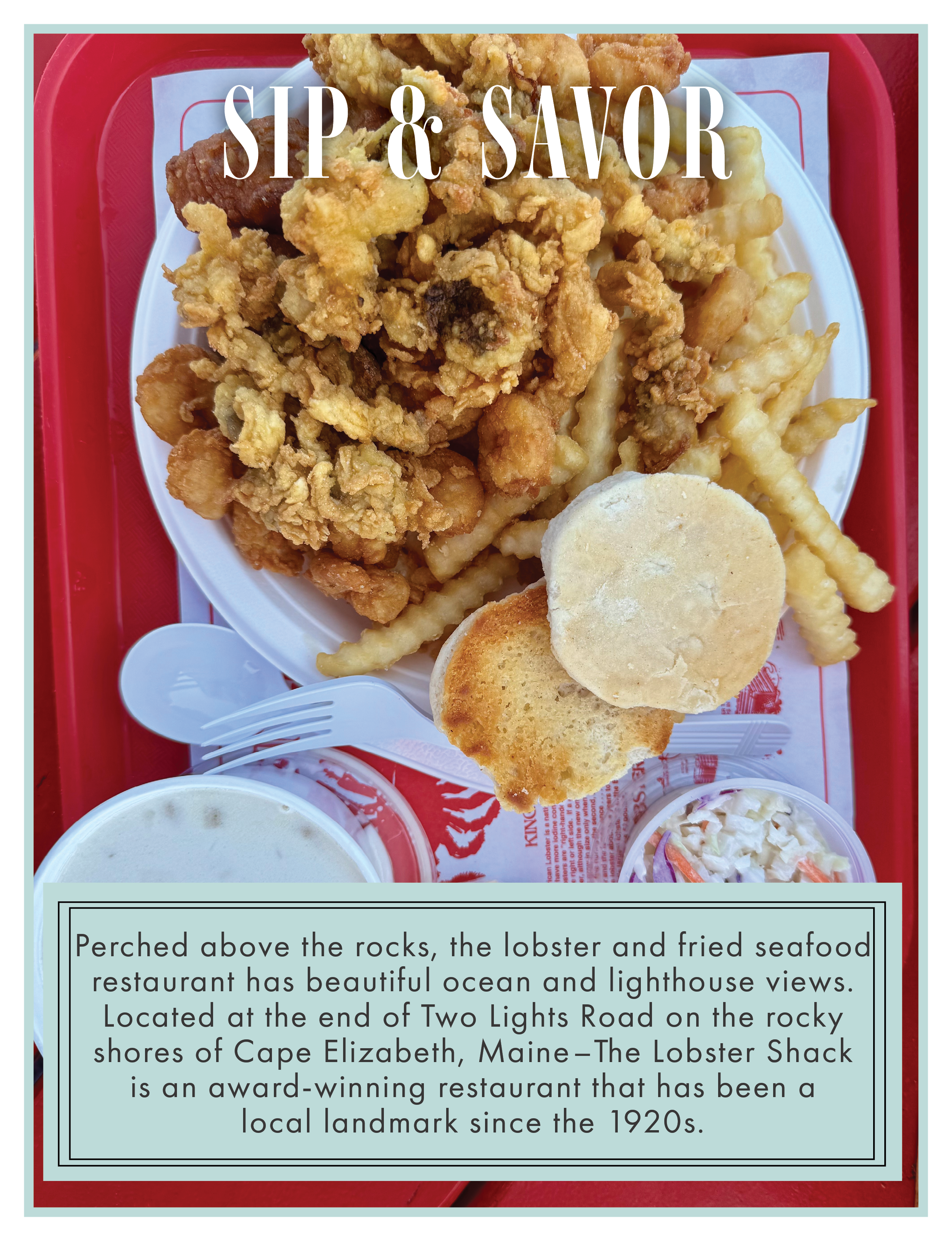 classic New England-style fried seafood platter from The Lobster Shack at Two Lights in Cape Elizabeth, Maine