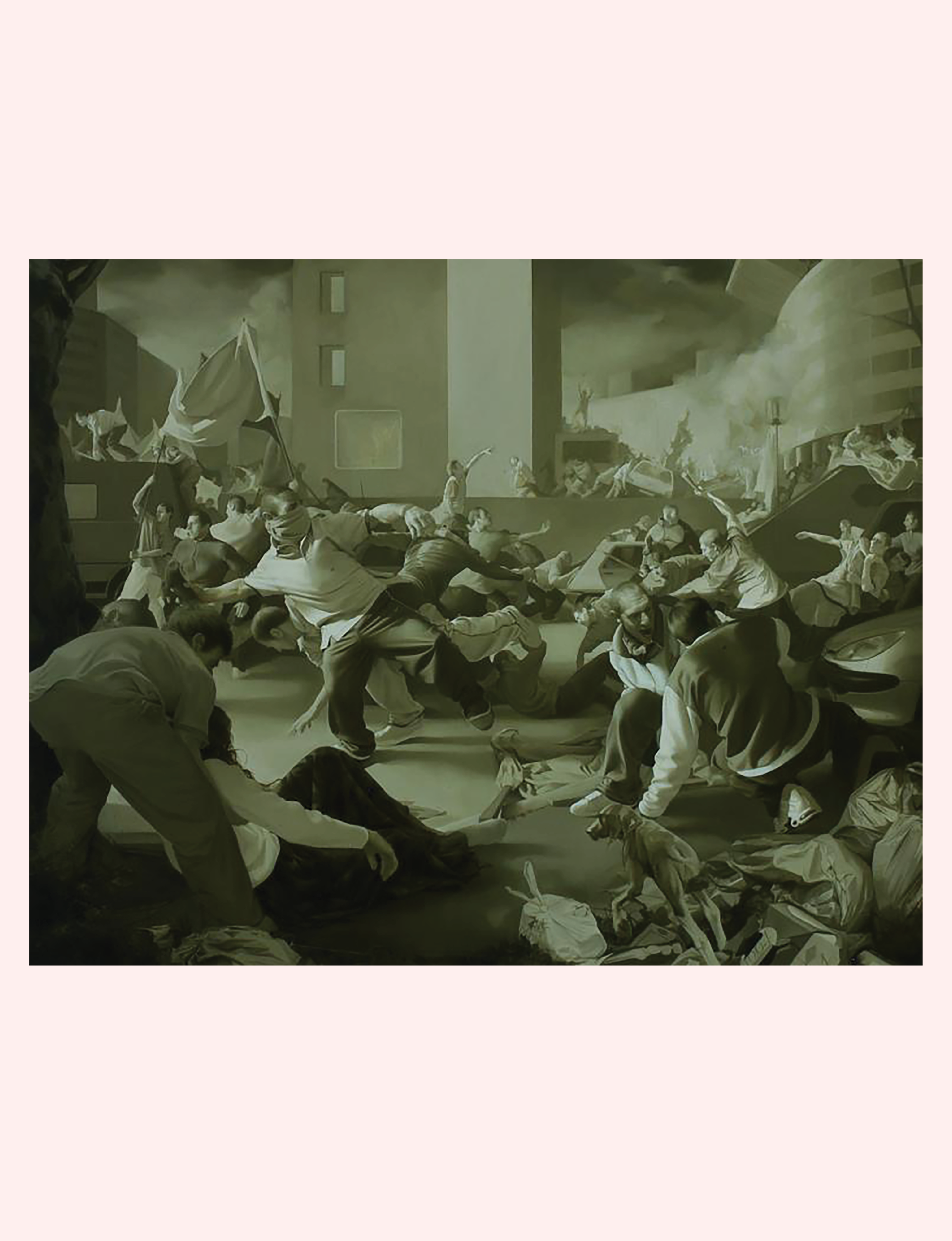 Sans titre (Untitled), a contemporary figurative oil painting by French artist Guillaume Bresson, known for depicting urban unrest with classical compositional techniques