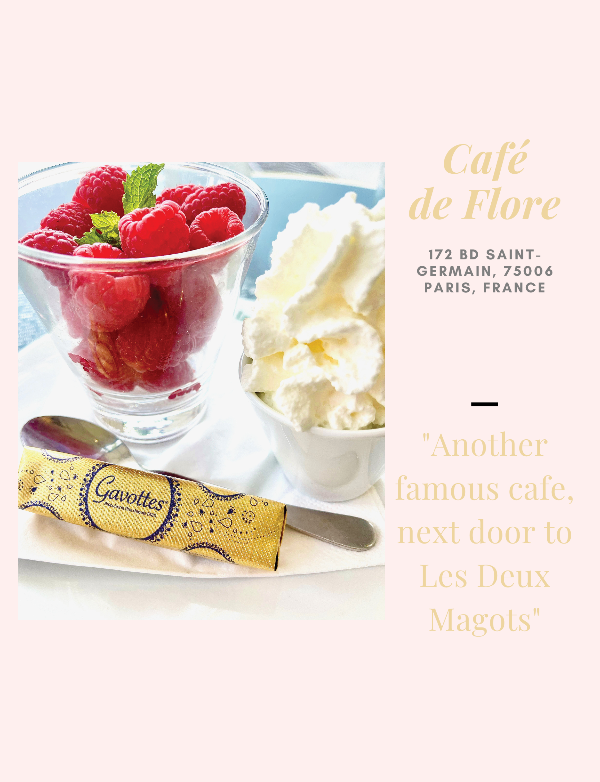 a foil-wrapped package of Gavottes Crêpes Dentelles, the iconic golden-brown crispy lace crepes from France, displayed alongside a glass bowl of fresh raspberries and a dish of whipped cream at Cafe de Flore in Paris France