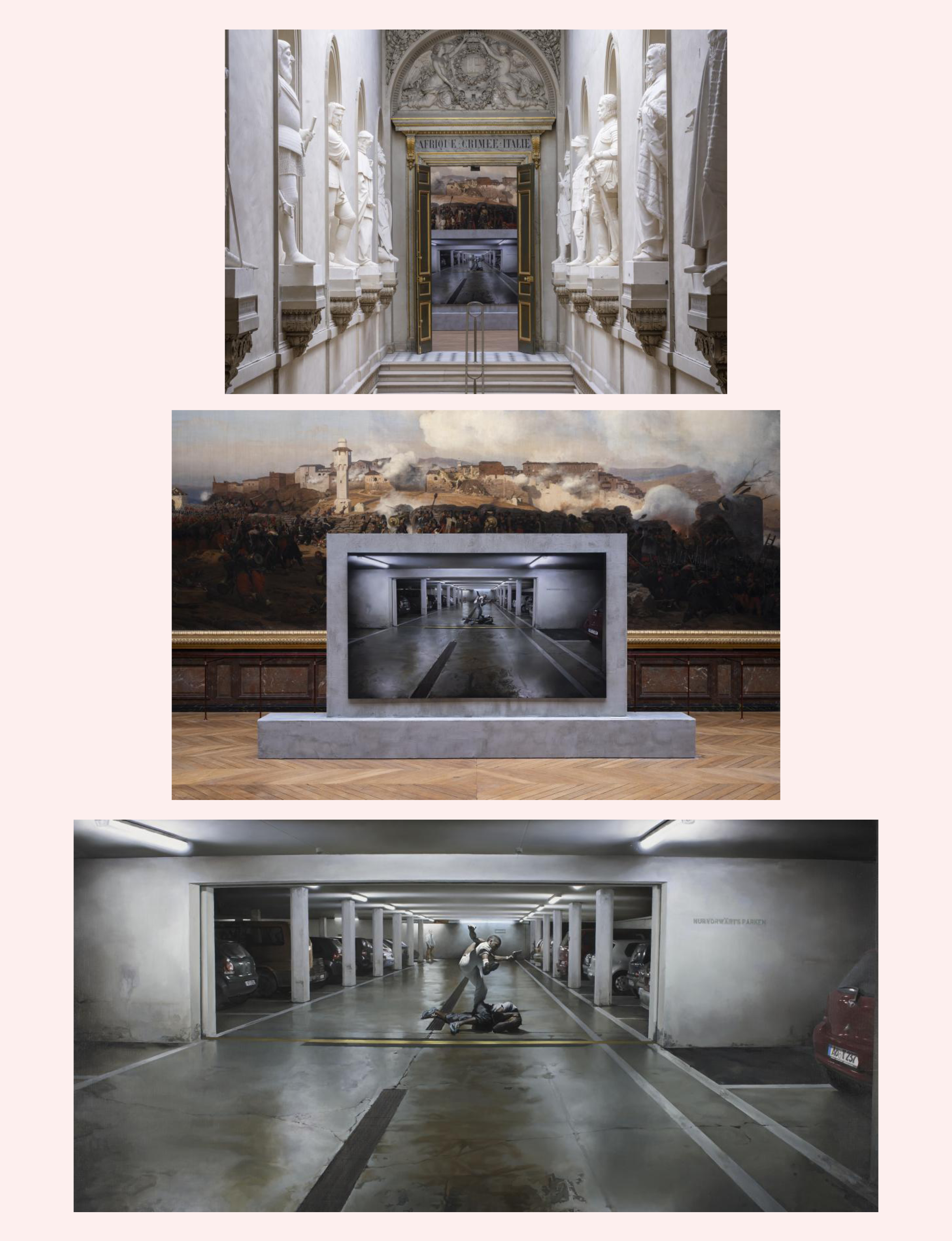 contemporary exhibition by French artist Guillaume Bresson at the Palace of Versailles hyperrealist paintings juxtapose gritty, modern scenes—like underground parking lot altercations—with classical history and battle paintings