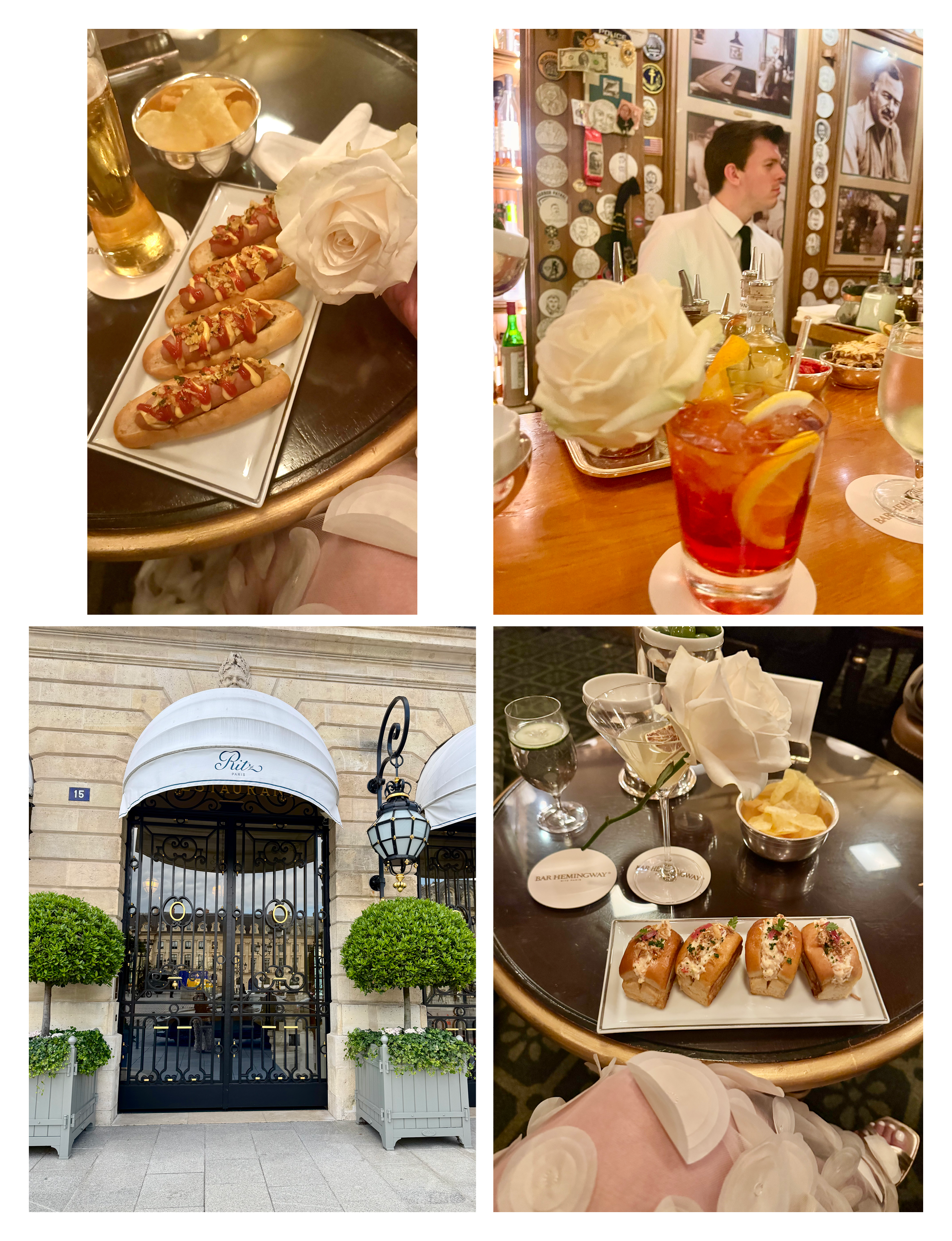 The signature white-awning entrance on Place Vendôme and the intimate interior of Bar Hemingway serving classic cocktails and light gourmet bites