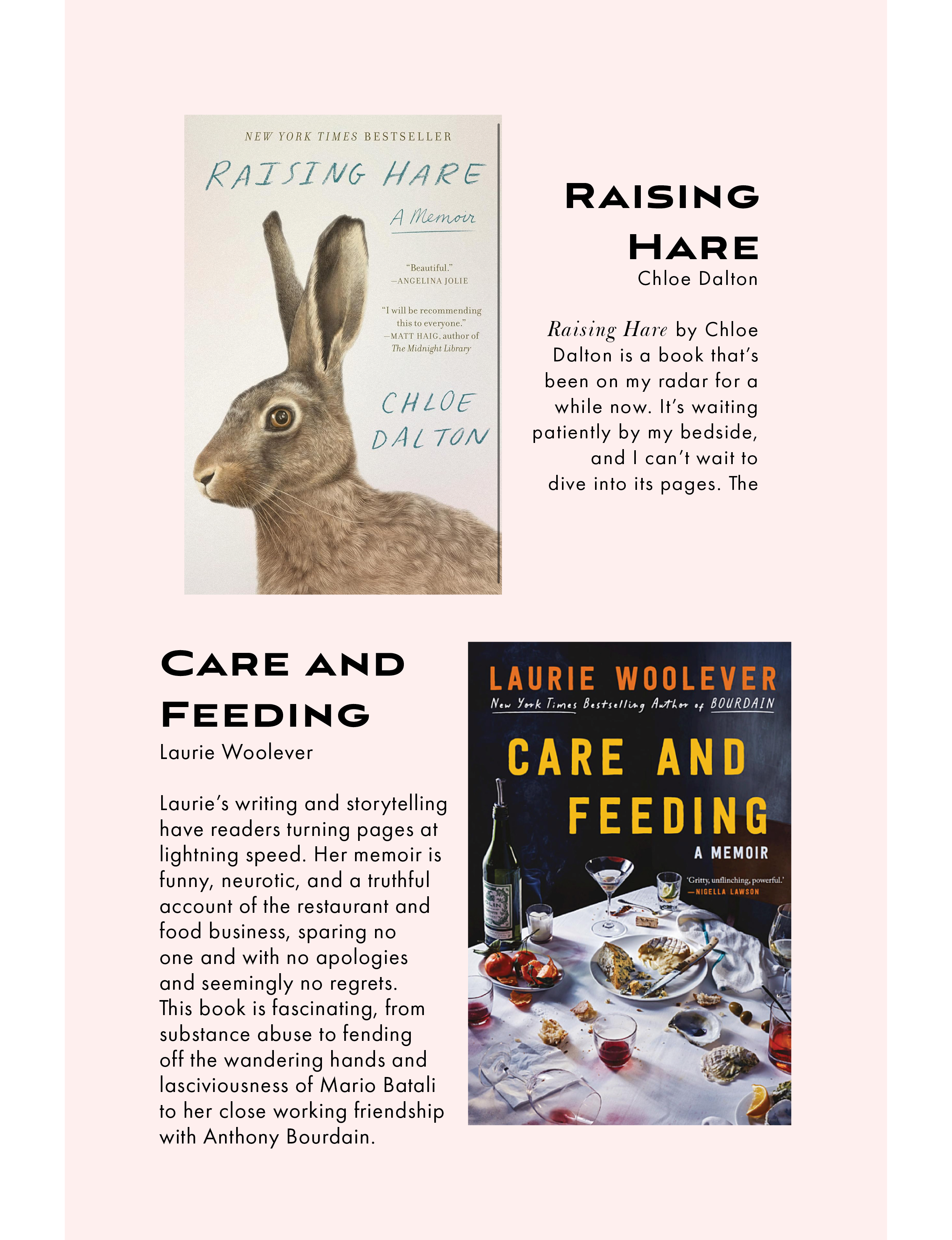 Raising Hare, Chloe Dalton and Care and Feeding, Laurie Woolever