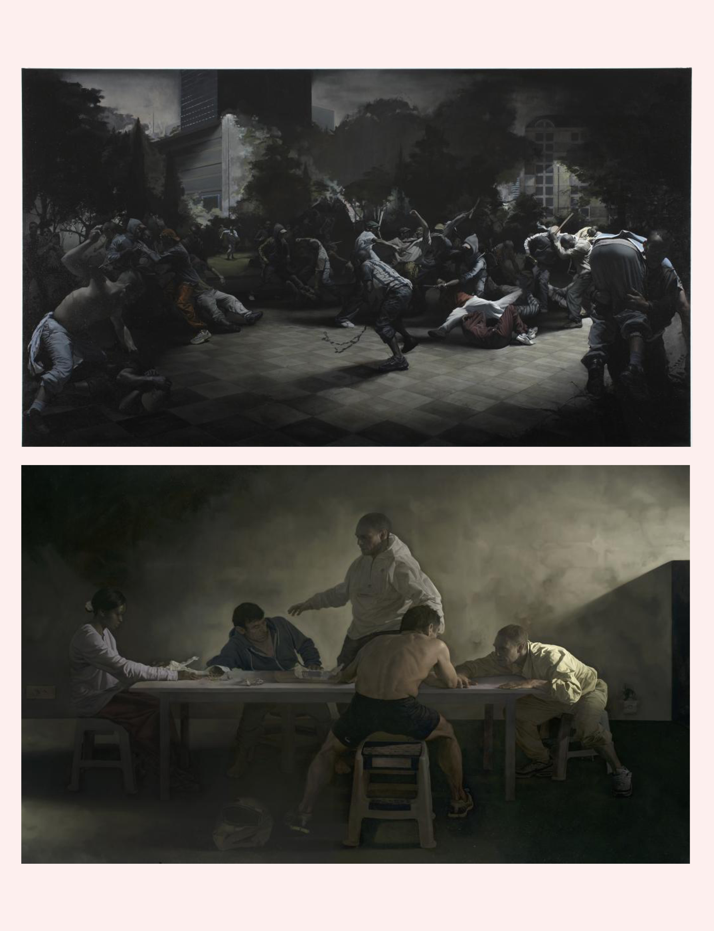 contemporary figurative oil paintings by French artist Guillaume Bresson, known for staging modern urban street fights and interactions with the dramatic, theatrical lighting of Old Master compositions