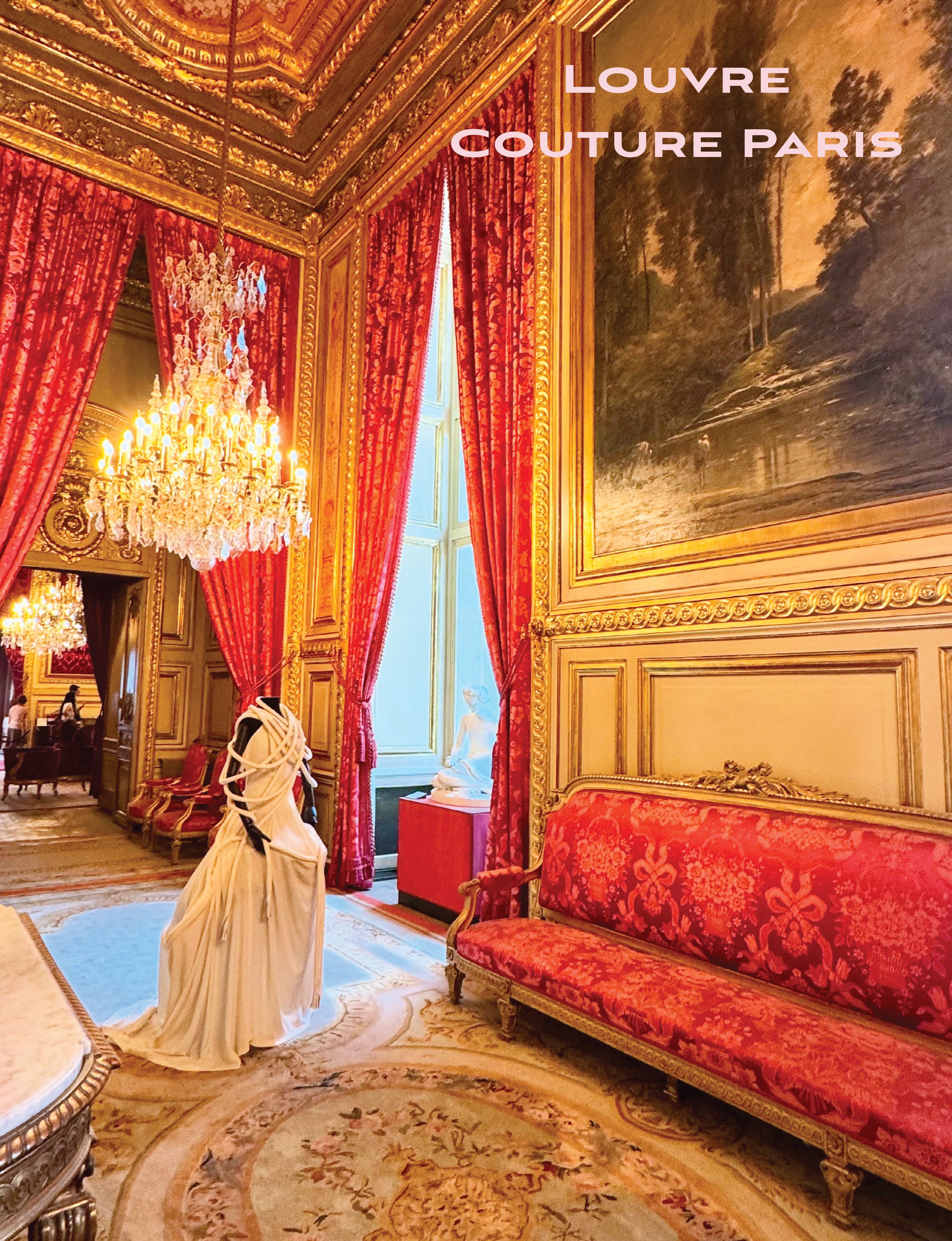 a couture dress inside the opulent Napoléon III Apartments located inside the Louvre Museum (Musée du Louvre) in Paris, France