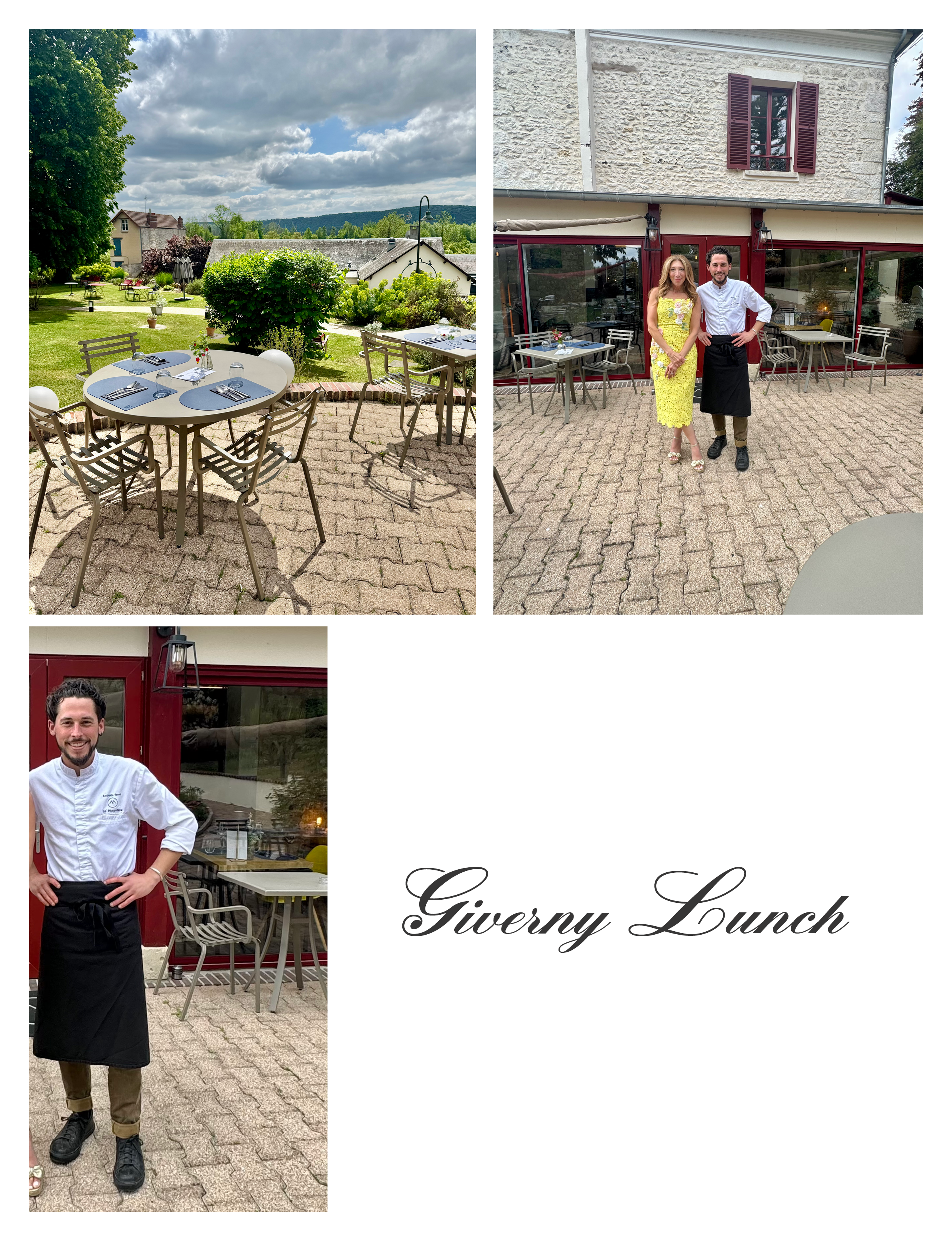 a scenic lunch experience in Giverny, France, featuring outdoor garden terrace seating and a chef at a local dining establishment