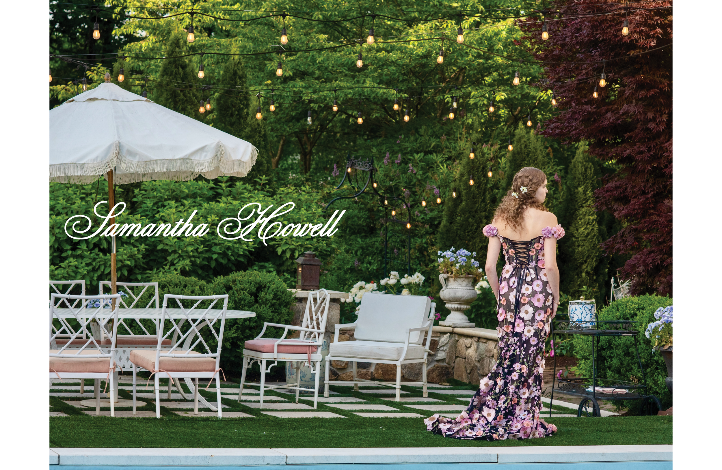 model Samantha Lee posing in garden in summer