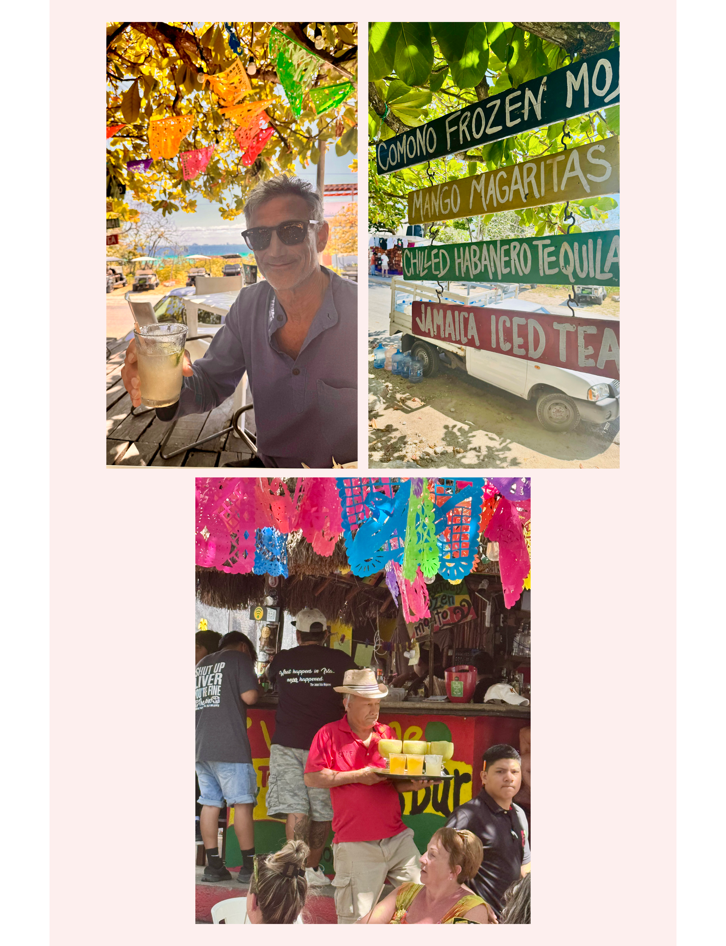 Collage of mixed tropical drinks mojitos margaritas tequila and Jamaican iced tea at Isla Mujeres in Mexico